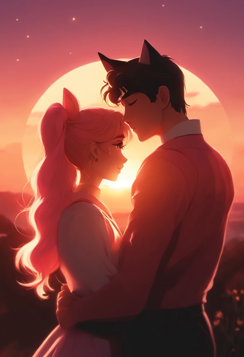 anime couple with cat ears and tail hugging in front of a sunset, high quality fanart, nick silva and ilya kuvshinov, jazza and rossdraws, official fanart, sailor moon!!!!!!!!, kissing together cutely, commission for high res, Fanart ", arm around her neck, in the art style of 8 0 s anime, redpink sunset