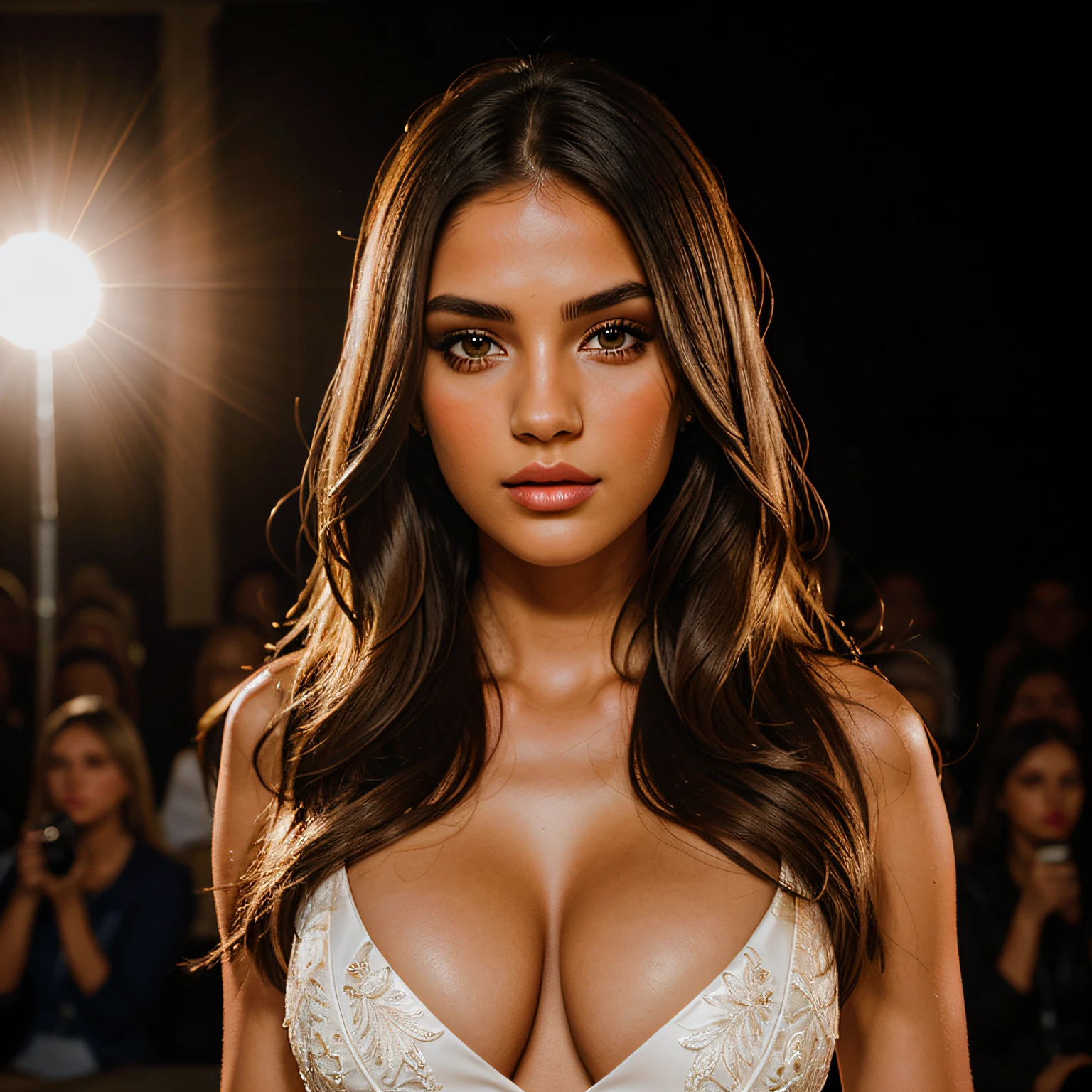 photography of a stunning girl, full bust view, at a fashion show, symmetrical eyes, symmetrical face, photorealistic, photography, path tracing, specular lighting, volumetric face light, path traced hair, visible shadows, intricate, elaborate, hyper realistic