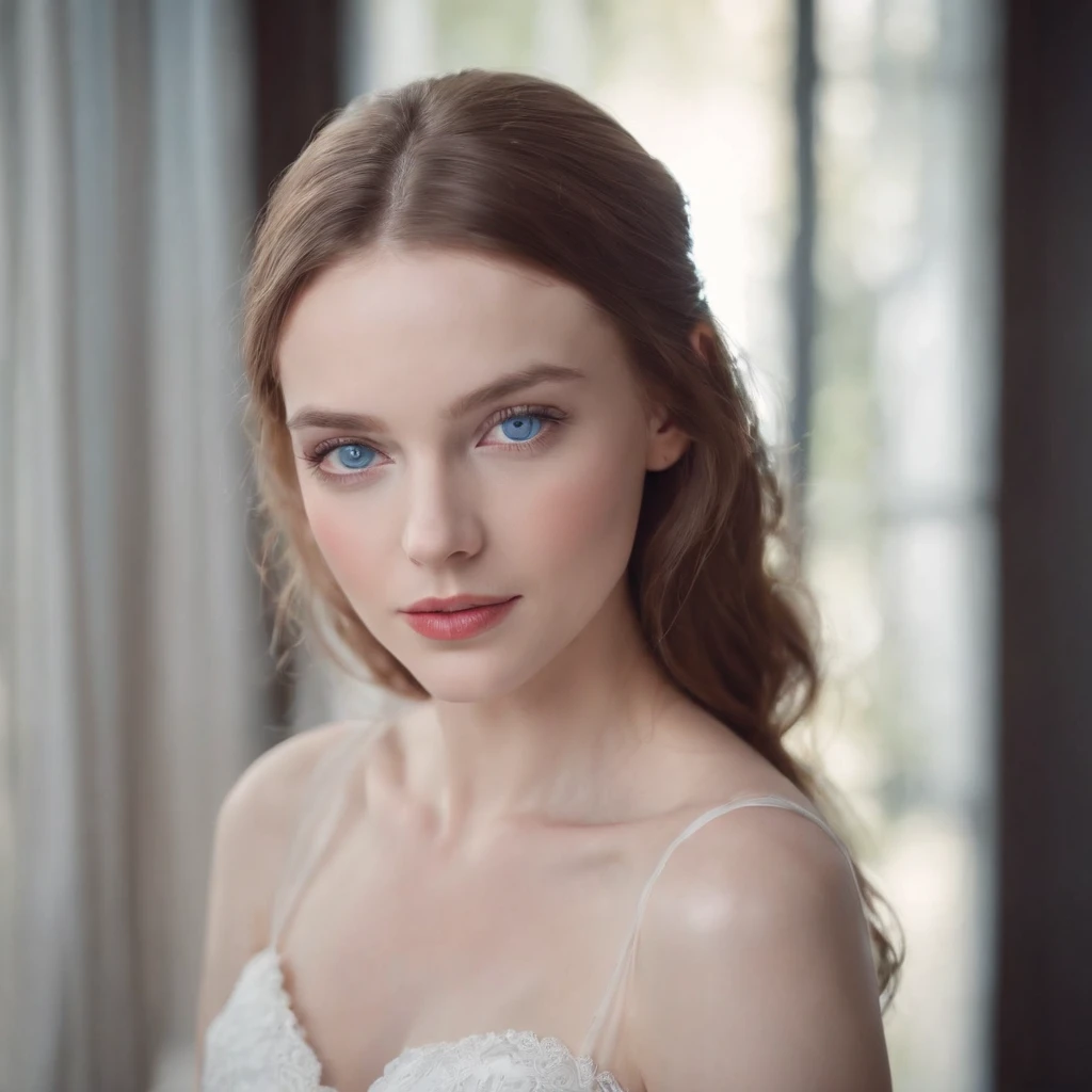 A beautiful girl with blue eyes and extremely white and pale skin