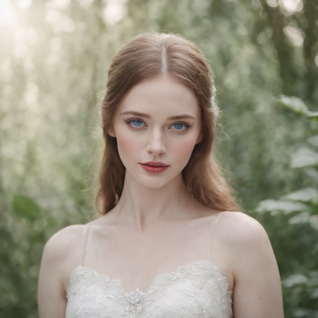 A beautiful girl with blue eyes and extremely white and pale skin