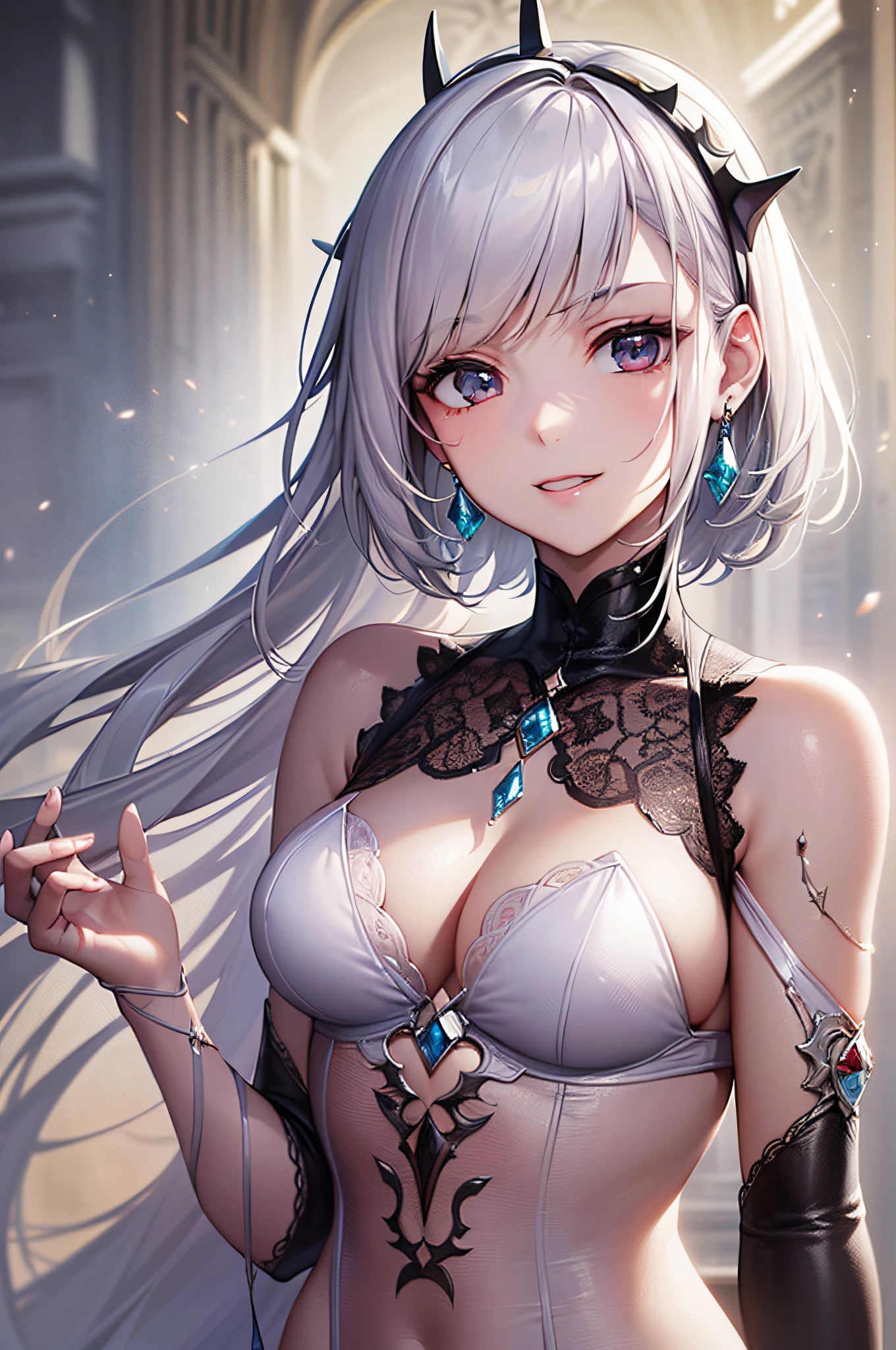 ((masuter piece:1.5)),((Finest quality)),(super precision),32k images,Highest level of resolution,natural soft light:1.5,Wind manipulation:2,drama,eroticism,Fantasyart,((perfect anatomia:1.5)),(Perfect depiction, Unbroken body:1.5),sharpnes:1.3,Clair:1.1,Detailed down to the smallest detail,Phenomenal depiction,Top quality anime,((1 Female Vampire),((pale silver hair,bob cuts:1.1)),nobles:1.6,Slim and well-proportioned body,Clean face,pretty skin,confident grin:1.4,Awe-inspiring Hall々:1.3,(Luxurious and beautiful dresses with detailed details:1.6,Beautiful lace with detailed and detailed details,Studded Gemstones,)jewely:1.5,