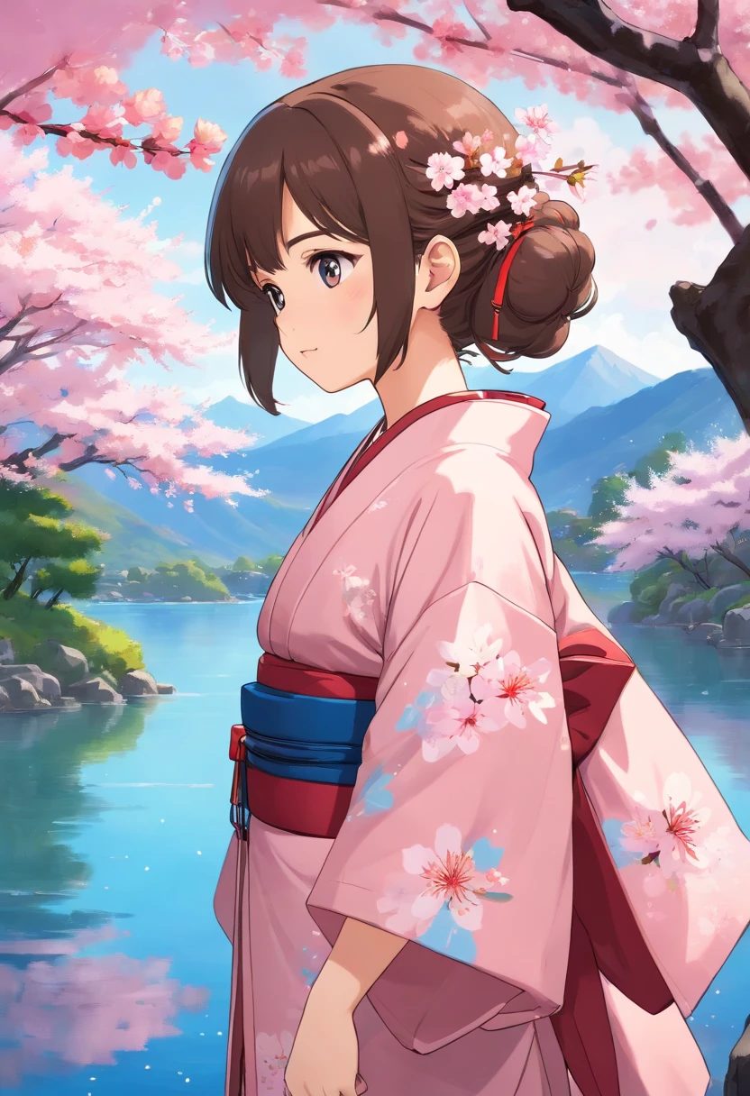 Anime girl wearing a pink kimono with cherry blossom print, standing under cherry blossom tree next to a blue lake, by Whisper of the Heart style, serene portrayal