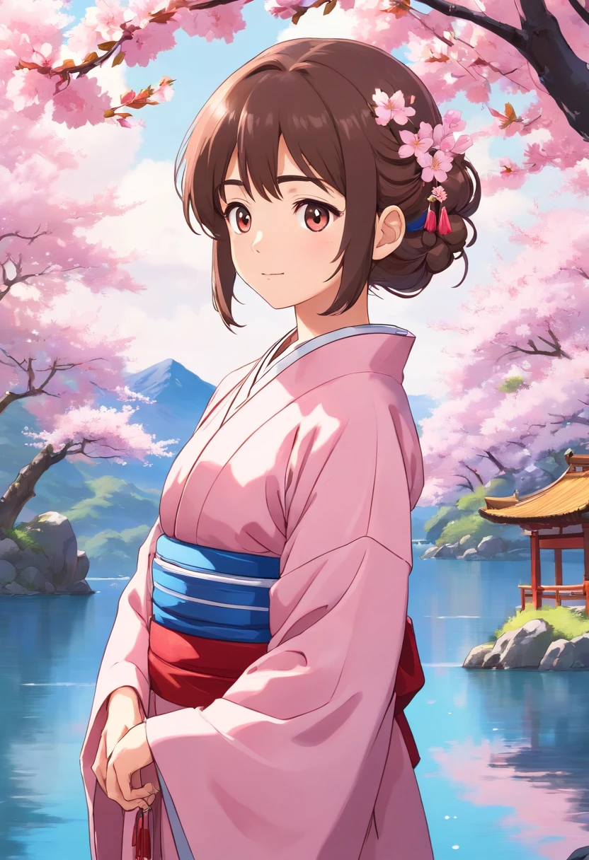 Anime girl wearing a pink kimono with cherry blossom print, standing under cherry blossom tree next to a blue lake, by Whisper of the Heart style, serene portrayal