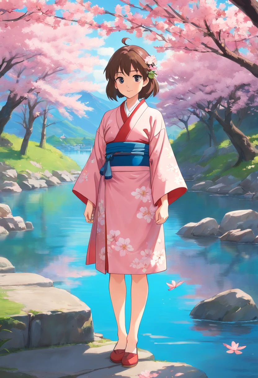 Anime girl wearing a pink kimono with cherry blossom print, standing under cherry blossom tree next to a blue lake, by Whisper of the Heart style, serene portrayal