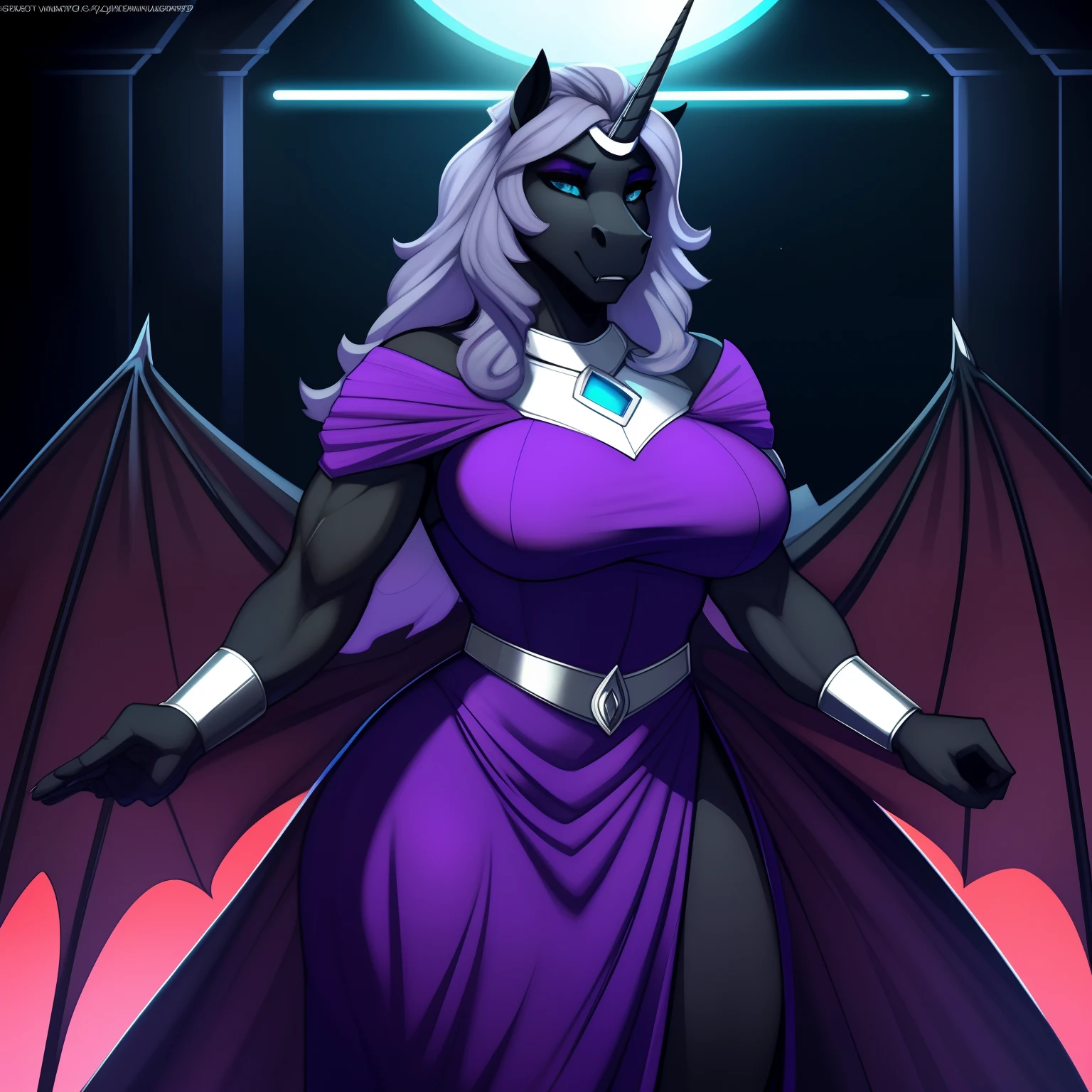 Tall_lithe_muscular_mature_unicorn female dark_purple_mane wavy_mane black_furry_body teal_eyes slit_pupils majestic solo Masterpiece best_quality absurdres highly_detailed gown_with_silver_trim silver_circlet silver_gorget silver_bracers cleanly_drawn_eyes fangs bat_wings purple_eyeshadow horse_snout anthro_only dark_ballroom_illuminated_by_moonlight by_claweddrip, by_greasymojo, by_underscore-b, by_runawaystride