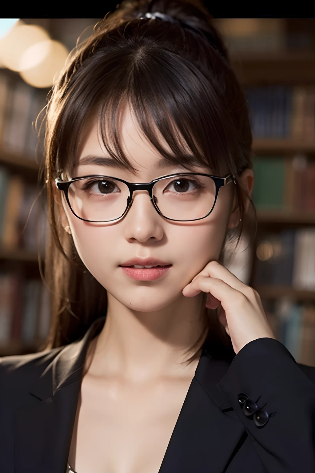 (8K、Raw photography、top-quality、​masterpiece:1.2)、(realisitic、Photorealsitic:1.37)、ultra-detailliert、超A high resolution、女の子 1 人、18year old、see the beholder、beautifull detailed face、A smile with a little visible teeth、Constriction、(Slim waist) :1.3)、Blazer、Beautiful detailed skin、Skin Texture、Floating hair、Hair bunched into one、large breasts with good shape、Professional Lighting、Autumn twilight、book library、(((Black square glasses )))、Whole human body、Black hair、((Shameful appearance))、Accept books、
