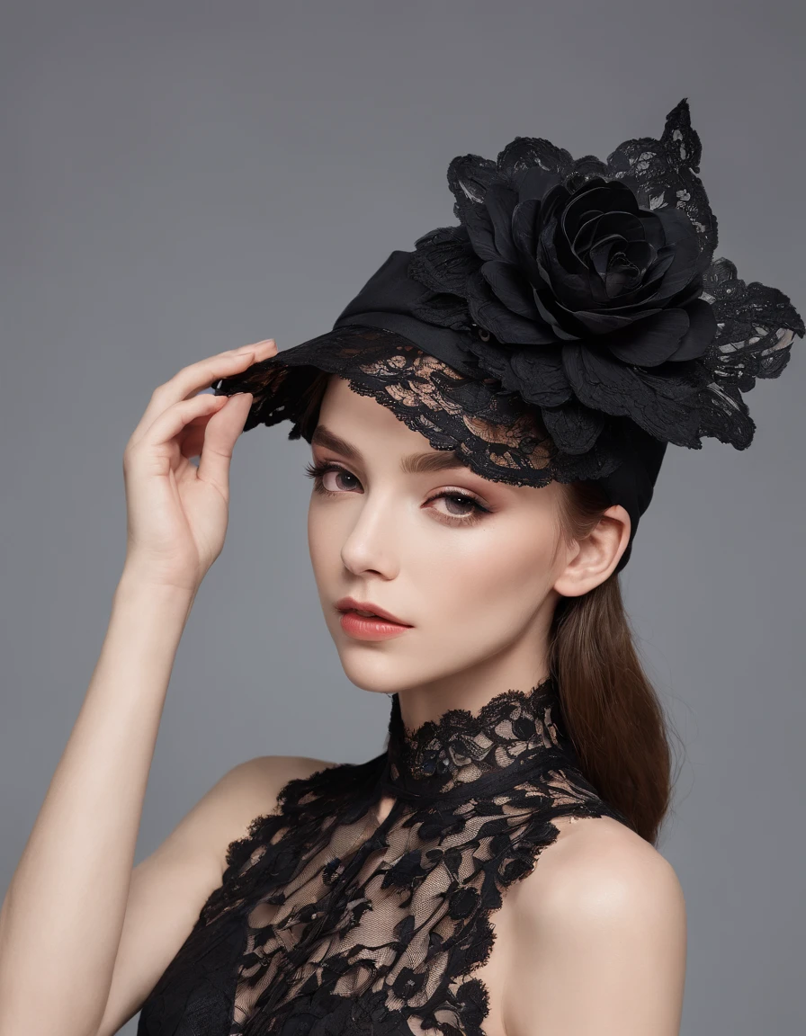 She wears a small cocktail hat on her head. She is a very young, elegant and beautiful 18 year old woman.
She is wearing a slim, see-through, off-the-shoulder, halter-neck dress.
Her hair is long and straight. She is sitting on an antique chair. She is holding a glass of wine in her hand.