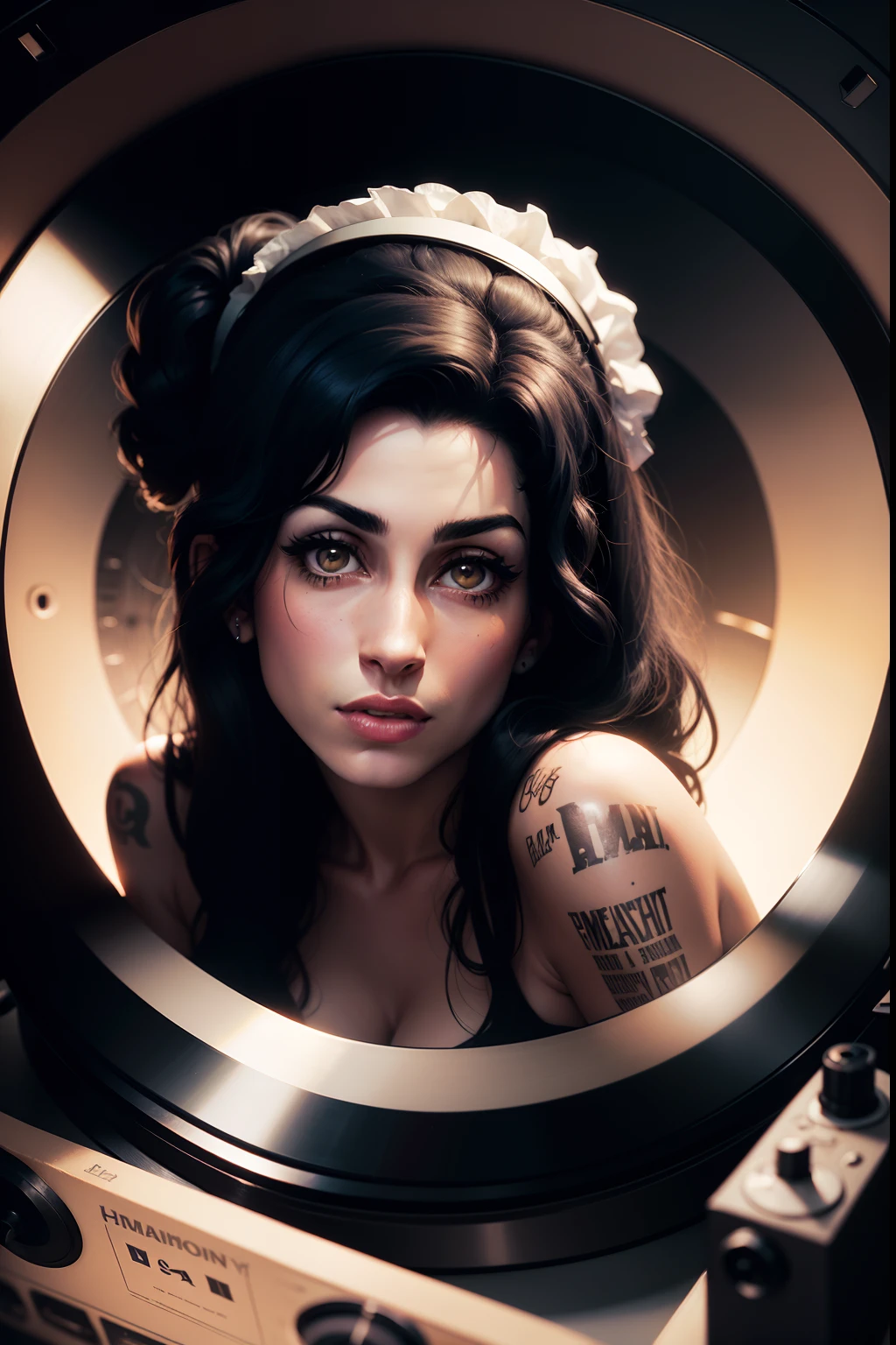 A dimly lit vinyl record player with "Rehab" playing softly. The camera pans to a portrait of Amy Winehouse.