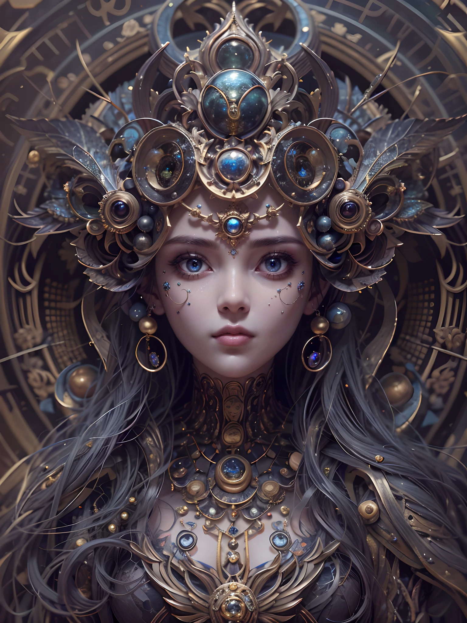 (best qualtiy,ultra - detailed,Most Best Illustration,Best shadow,tmasterpiece,A high resolution,professionalartwork,famousartwork),Detailed eyes,beautidful eyes,closeup cleavage,sci-fy,colored sclera,Robot eyes,face markings,Tattooed with,(fractalized,Fractal eyes),largeeyes,Wide eyes,(Eye focus),sface focus,Cosmic eyes,Space eyes,Close-up of metal sculpture of a woman with a moon in her hair,goddes。extremly high detail,3 d goddess portrait,Extremely detailed footage of the goddess,a stunning portrait of a goddess,Side image of the goddess,portrait of a beautiful goddess,Full body close-up portrait of the goddess,hecate goddess,portrait of a norse moon goddess,goddess of space and time
