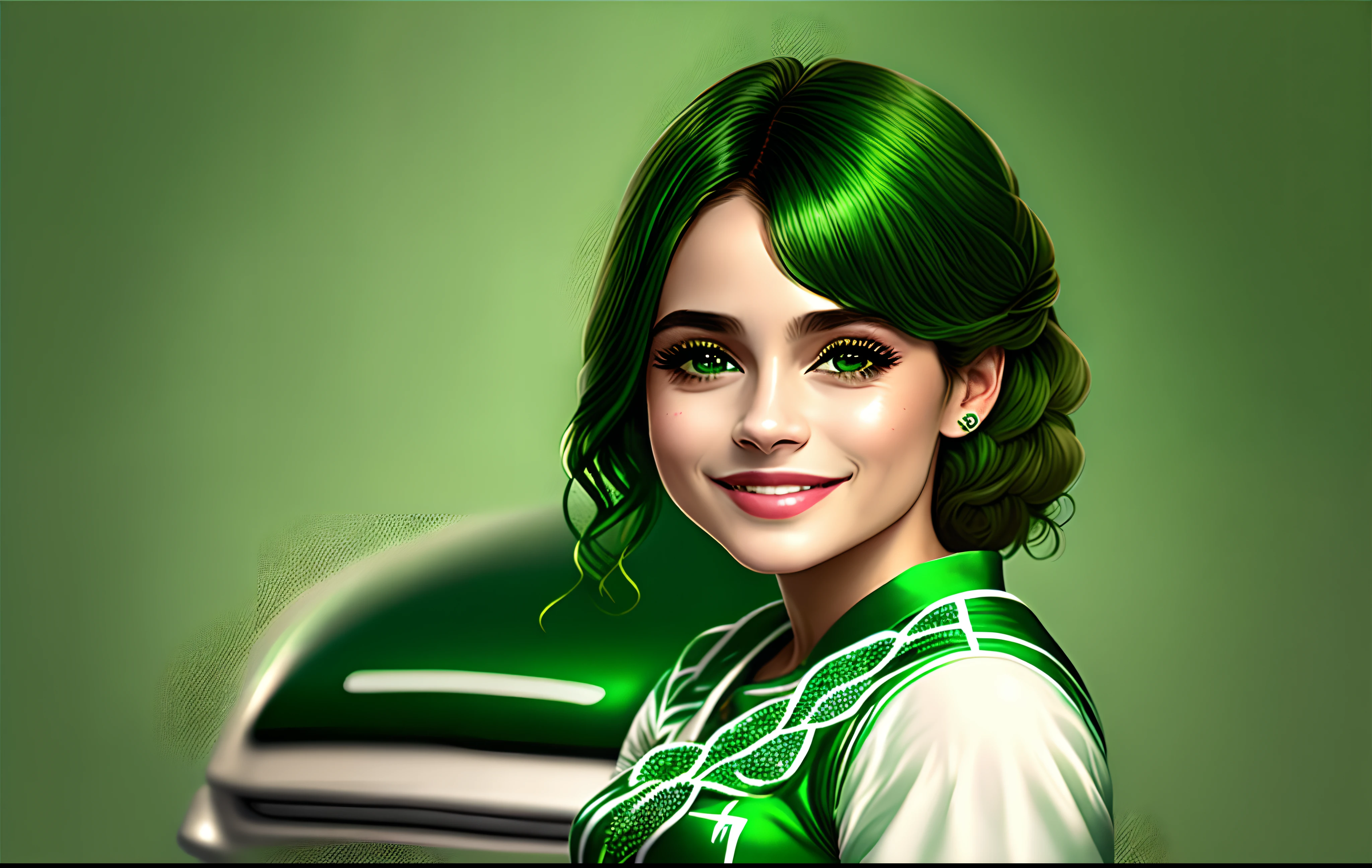 Uma mulher de vestido verde sorrindo perto de um carro branco
