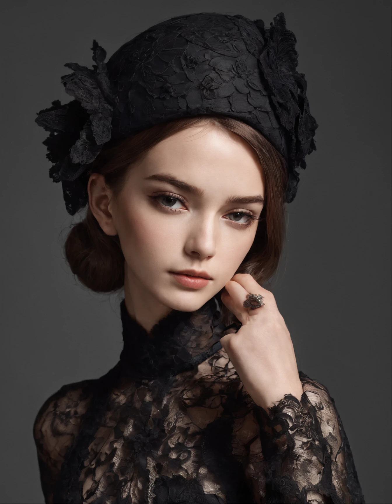 A pretty and very elegant girl wearing a toque cap decorated with large black lace flowers. Her entire face is covered in lace. She wears a loose black lace cocktail dress that hangs over her shoulders. Her skin is very shiny.
Her arms are folded and the fingertips of one hand touch her chin. The background is a beautiful black. The room is dimly lit and she is gently illuminated.
Depth of field is very shallow and the background is blurred.