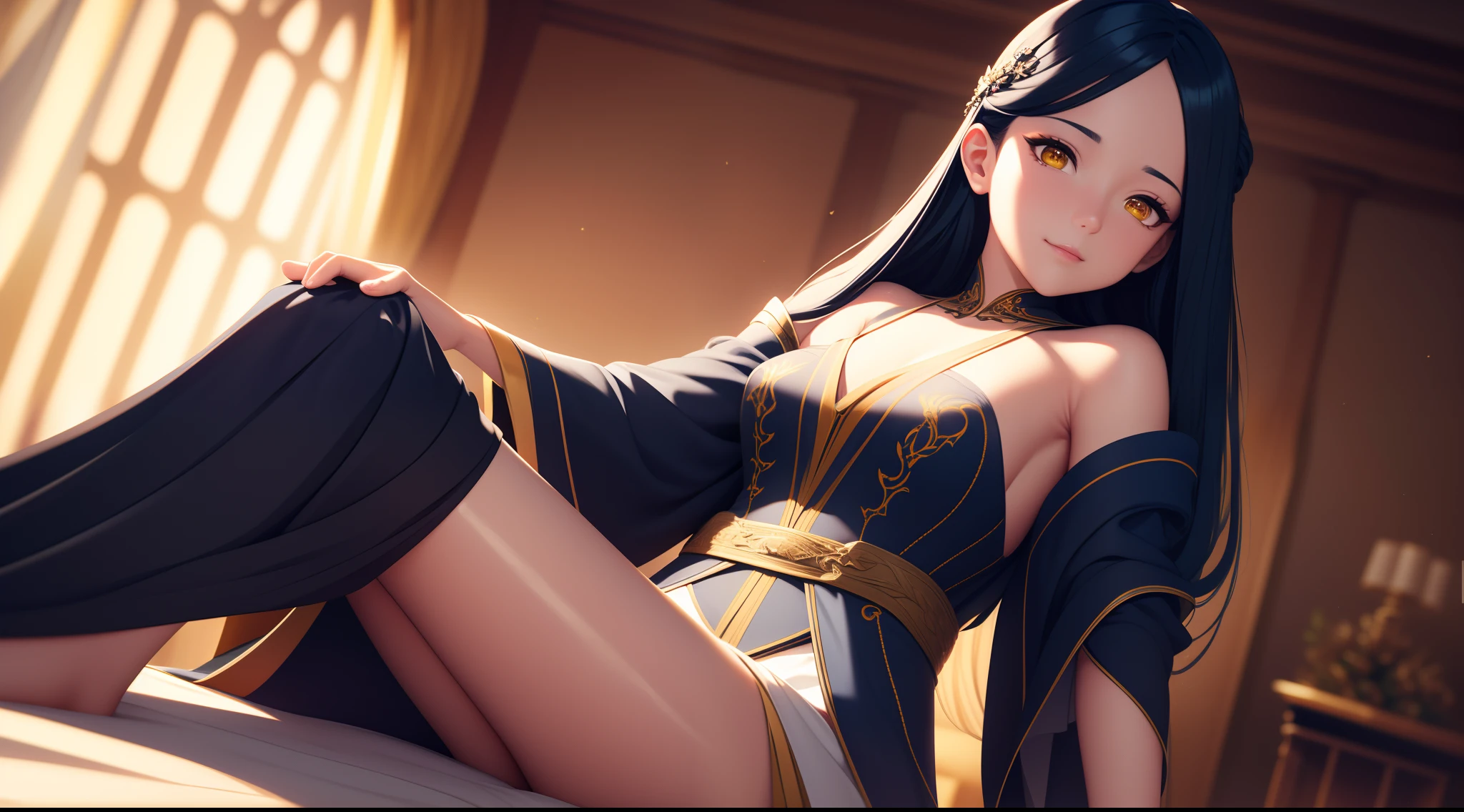 an alone mature girl with long blue and yellow eyes sitting on the bed and spread leg , night, High detail mature face, tie hair on the left side, golden eyes, bare leg, bare shoulder, white noble priest dress, high res, ultra sharp, 8k, masterpiece, smiling, fantasy world, magical radiance background ((Best quality)), ((masterpiece)), 3D, HDR (High Dynamic Range),Ray Tracing, NVIDIA RTX, Super-Resolution, Unreal 5,Subsurface scattering, PBR Texturing, Post-processing, Anisotropic Filtering, Depth-of-field, Maximum clarity and sharpness, Multi-layered textures, Albedo and Specular maps, Surface shading, Accurate simulation of light-material interaction, Perfect proportions, Octane Render, Two-tone lighting, Wide aperture, Low ISO, White balance, Rule of thirds,8K RAW, Aura, masterpiece, best quality, Mysterious expression, magical effects like sparkles or energy, flowing robes or enchanting attire, mechanic creatures or mystical background, rim lighting, side lighting, cinematic light, ultra high res, 8k uhd, film grain, best shadow, delicate, RAW, light particles, detailed skin texture, detailed cloth texture, beautiful face, 
(masterpiece), best quality, expressive eyes, perfect face,