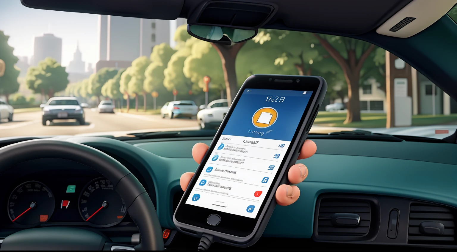 cell phone charging on a car dashboard