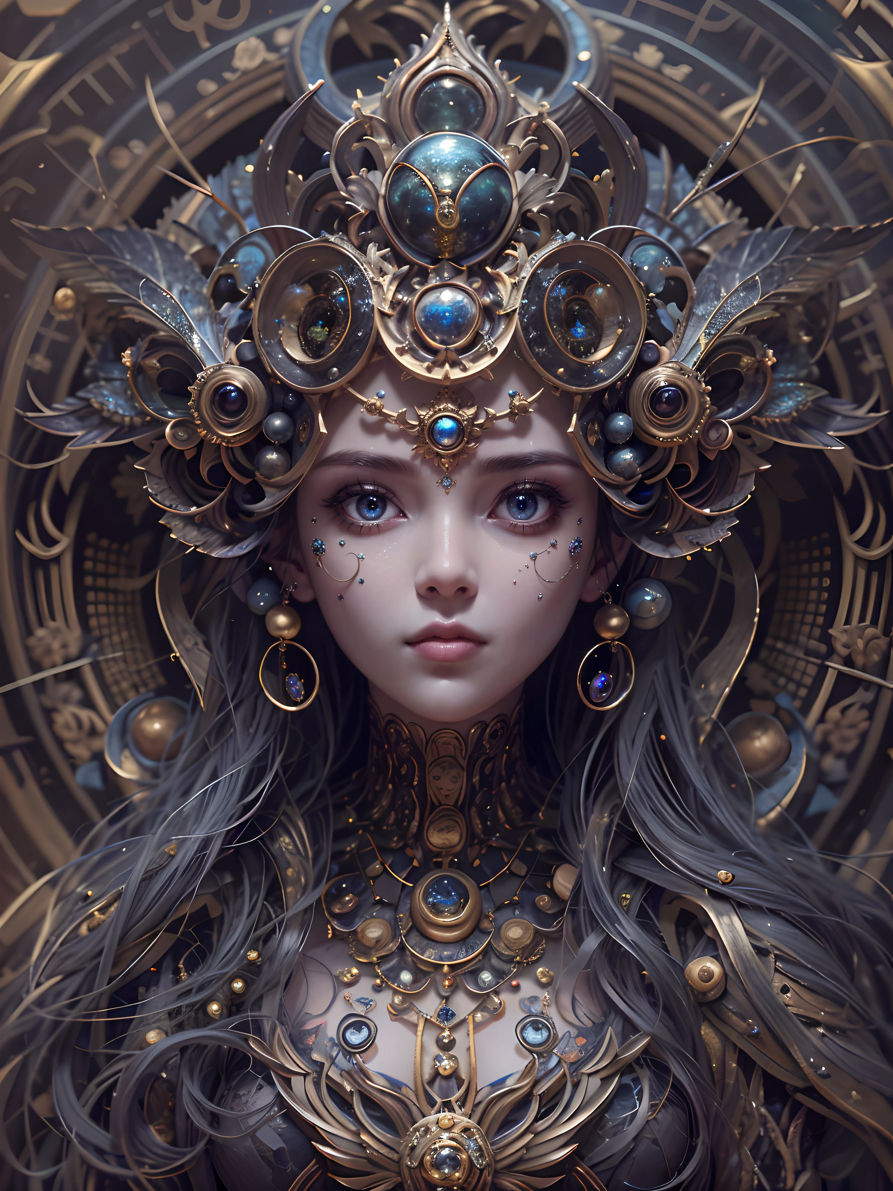 （best qualtiy，ultra - detailed，Most Best Illustration，Best shadow，tmasterpiece，A high resolution，professionalartwork，famousartwork），Detailed eyes，beautidful eyes，closeup cleavage，sci-fy，colored sclera，Robot eyes，face markings，Tattooed with，（fractalized，Fractal eyes），largeeyes，Wide eyes，（Eye focus），sface focus，Cosmic eyes，Space eyes，Close-up of metal sculpture of a woman with a moon in her hair，goddes。extremly high detail，3 d goddess portrait，Extremely detailed footage of the goddess，a stunning portrait of a goddess，Side image of the goddess，portrait of a beautiful goddess，Full body close-up portrait of the goddess，hecate goddess，portrait of a norse moon goddess，goddess of space and time