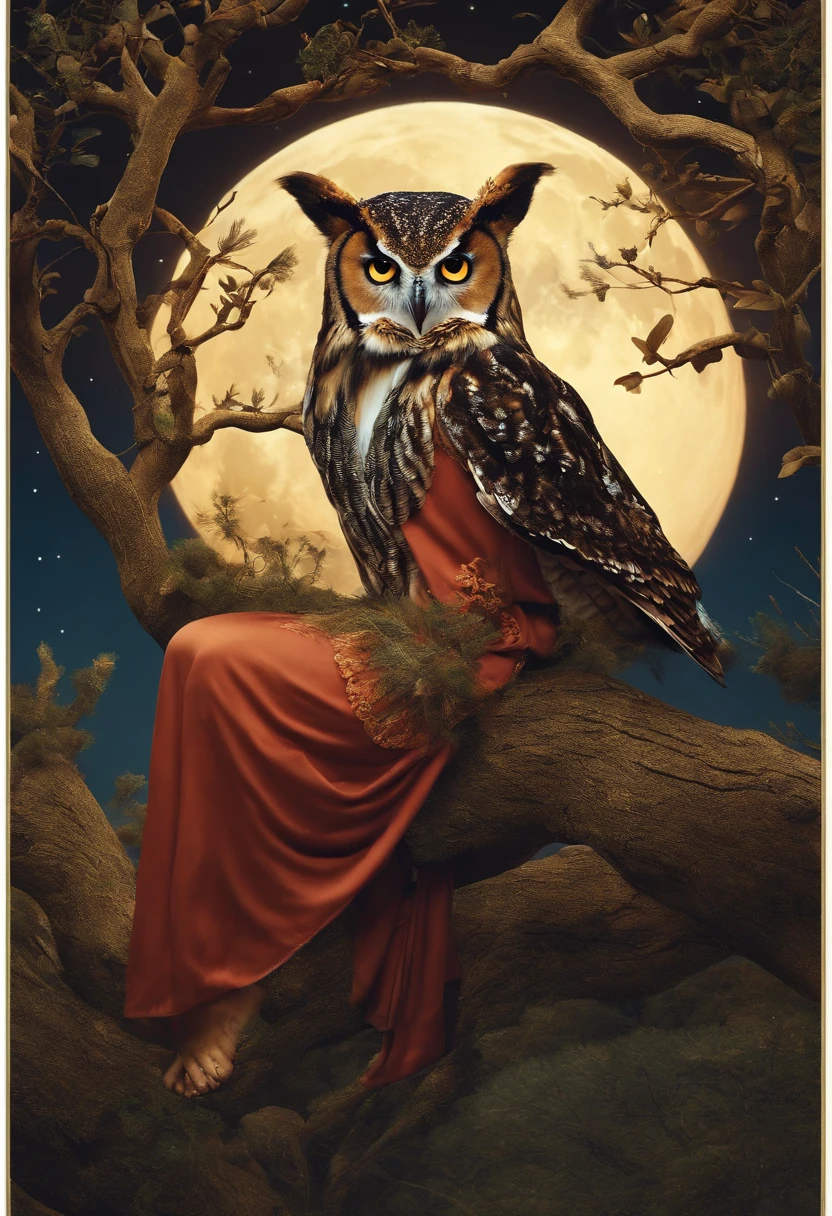 mocho , tree , Noite , lua ;make a photo of a priestess with the moon on her feet at night and with an owl