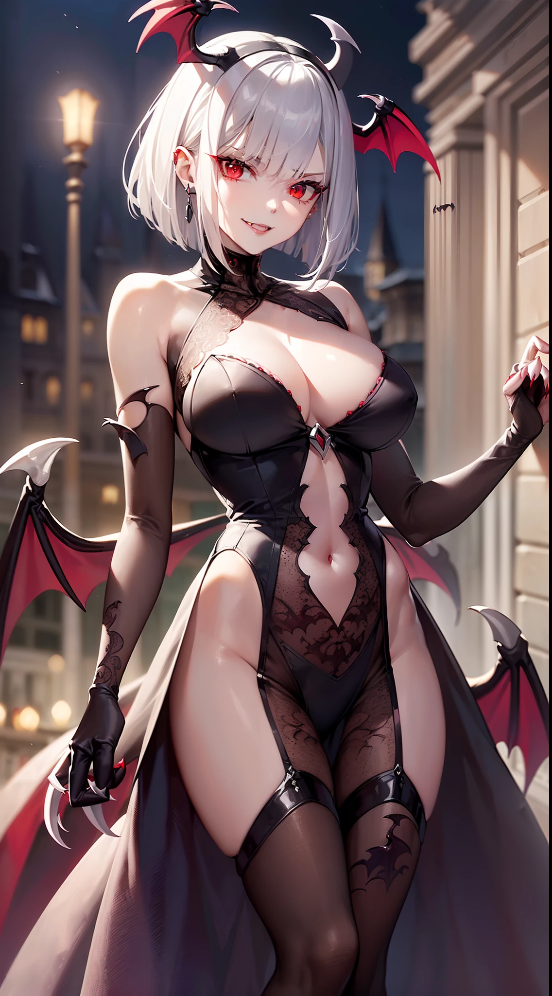 ((masuter piece:1.5)),((Finest quality)),(super precision),32k images,Top quality anime,Highest level of resolution,Fantasyart,eroticism,((perfect anatomia:1.5)),(Perfect depiction, Unbroken body:1.5),sharpnes:1.3,Clair:1.1,Detailed down to the smallest detail,Phenomenal depiction,((1 Female Vampire:1.4),((pale silver hair,bob cuts:1.1)),Slim and well-proportioned body,(Beautiful and neat face),((Beautiful shiny crimson eyes),pretty skin,((evil smile:1.4)),(Glossy red manicure:1.5,sharply pointed claws:1.5),(Luxurious and beautiful dresses with detailed details:1.6,Beautiful lace with detailed and detailed details,Studded Gemstones,)jewely:1.5,dreary atmosphere:1.4,dark:1.5,Candlelight:1.1