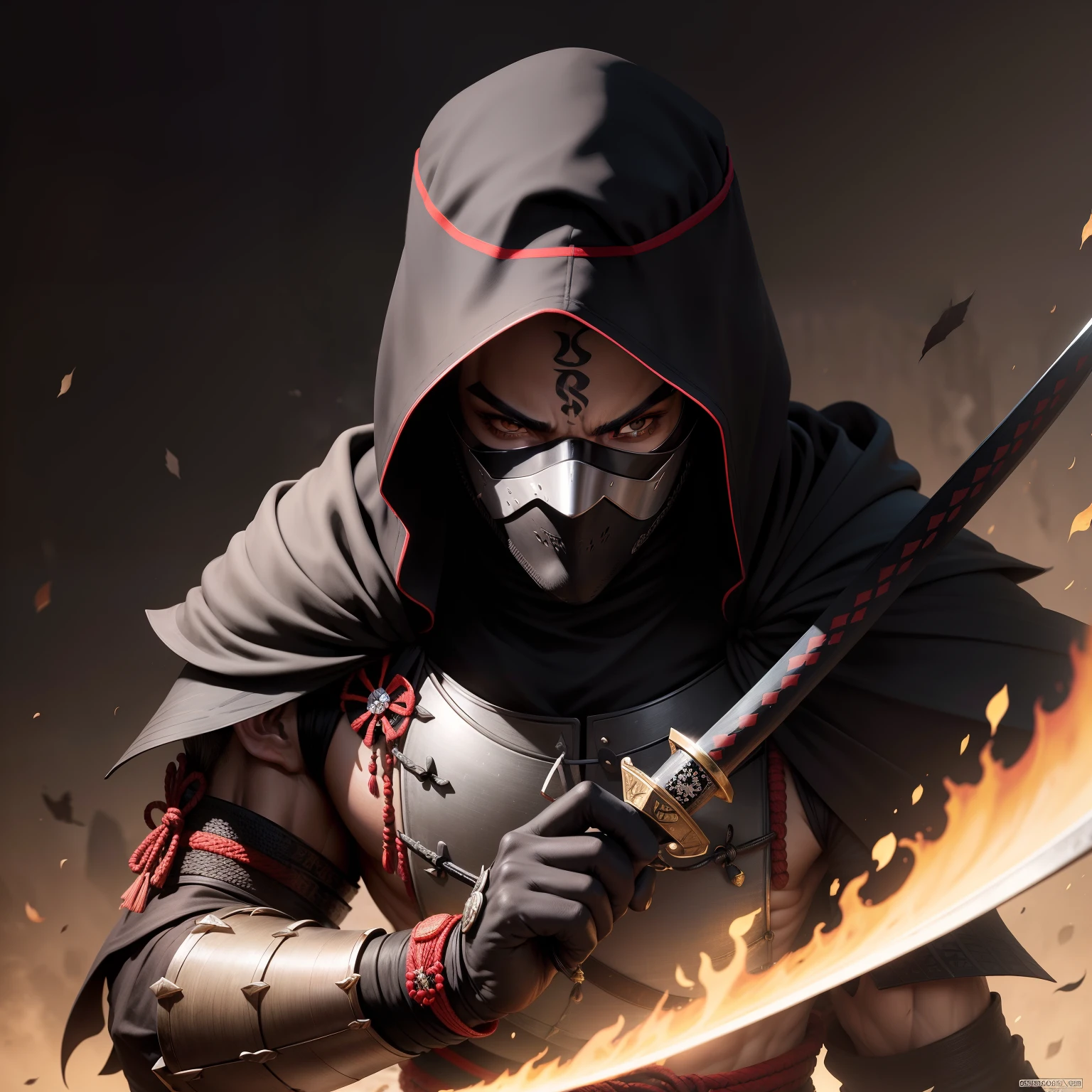 Homem, Samurai, Armadura Samurai, armadura de couro preto, capuz, cicatriz no rosto, scar on the neck, mascara, katana in his hand, mal humorado, Foto realista,brilho do sol fraco ,Destruction scenario, gorro capuz preto,Capuz, black cloth mascara mask
