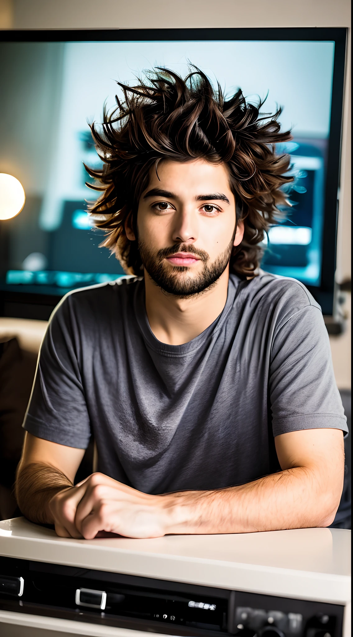 Foto de retrato de um jovem, ele esta deitado em sua cama, roupas desarrumadas, messy hair, barba sem fazer, lazy, em cima da cama existe um controle de videogame, There is a TV in the guard with the game (cinemactic:1.5), epic realistic, hiperdetalhado, detalhes insanos, detalhes intrincados, highlight lighting, volumetric soft light, bokeh, (dramatic light:1.2), (cores neutras:1.3), processo cruzado