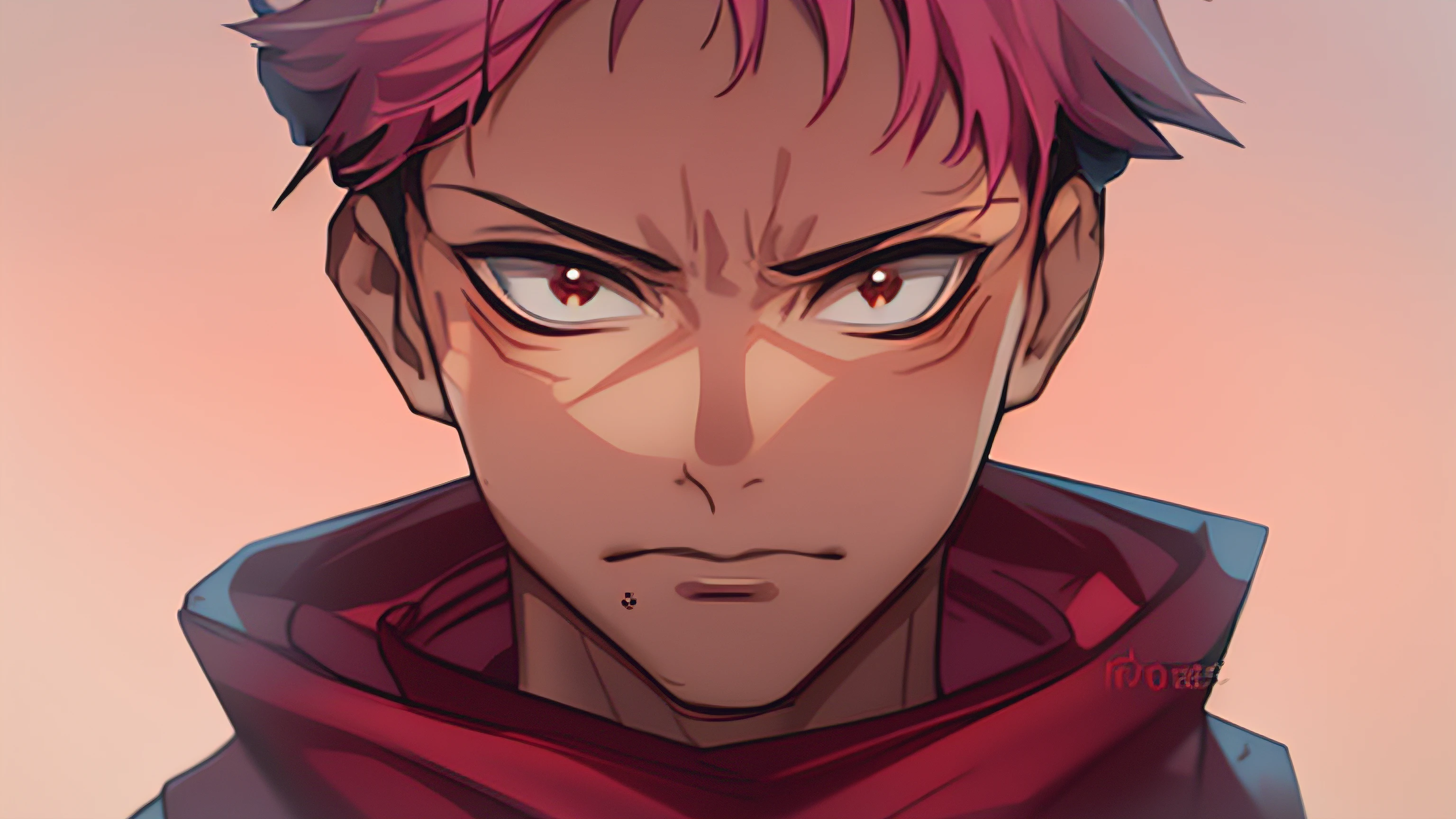 masterpiece, best quality, high quality, 1boy, solo, male focus, looking at viewer, upper body, itadori_yuuji, pink hair, red tshirt