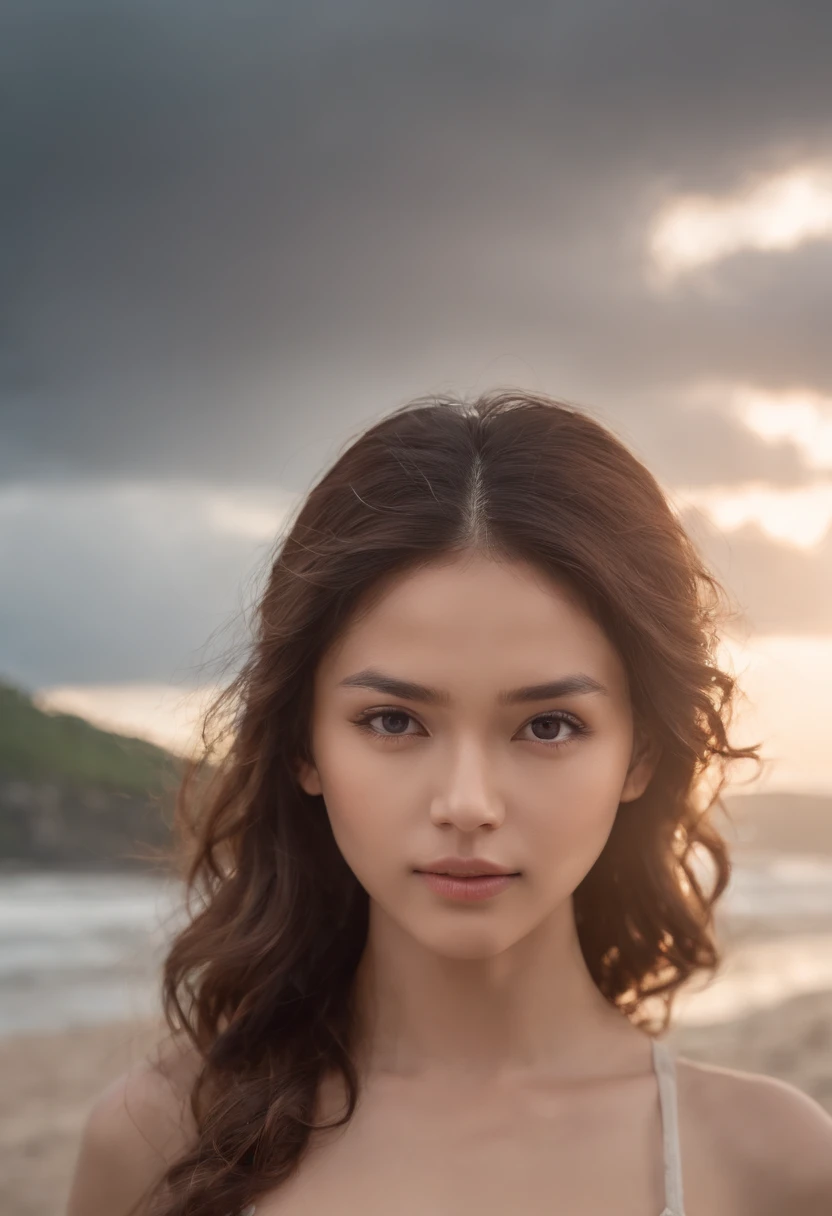 photo of a sexy looking girl sad in the beach, , bare breasted, topless, naked bottom, sky full of clouds, lightning in the clouds of the explosion, sadness, petite, Indian face, perfect body, perfect round medium size boobs, 21 years old, beautiful face, majestic, beautiful, goddess, incredible, fear and erotic expression on her face, long curly hair, storm, Complex position, big sky, realistic, detailed, masterpiece, extra film grain, professional lighting, professional photography, neutral colors, muted colors, natural lights, photo realistic, good composition, 4k, high definition, filipino white mix