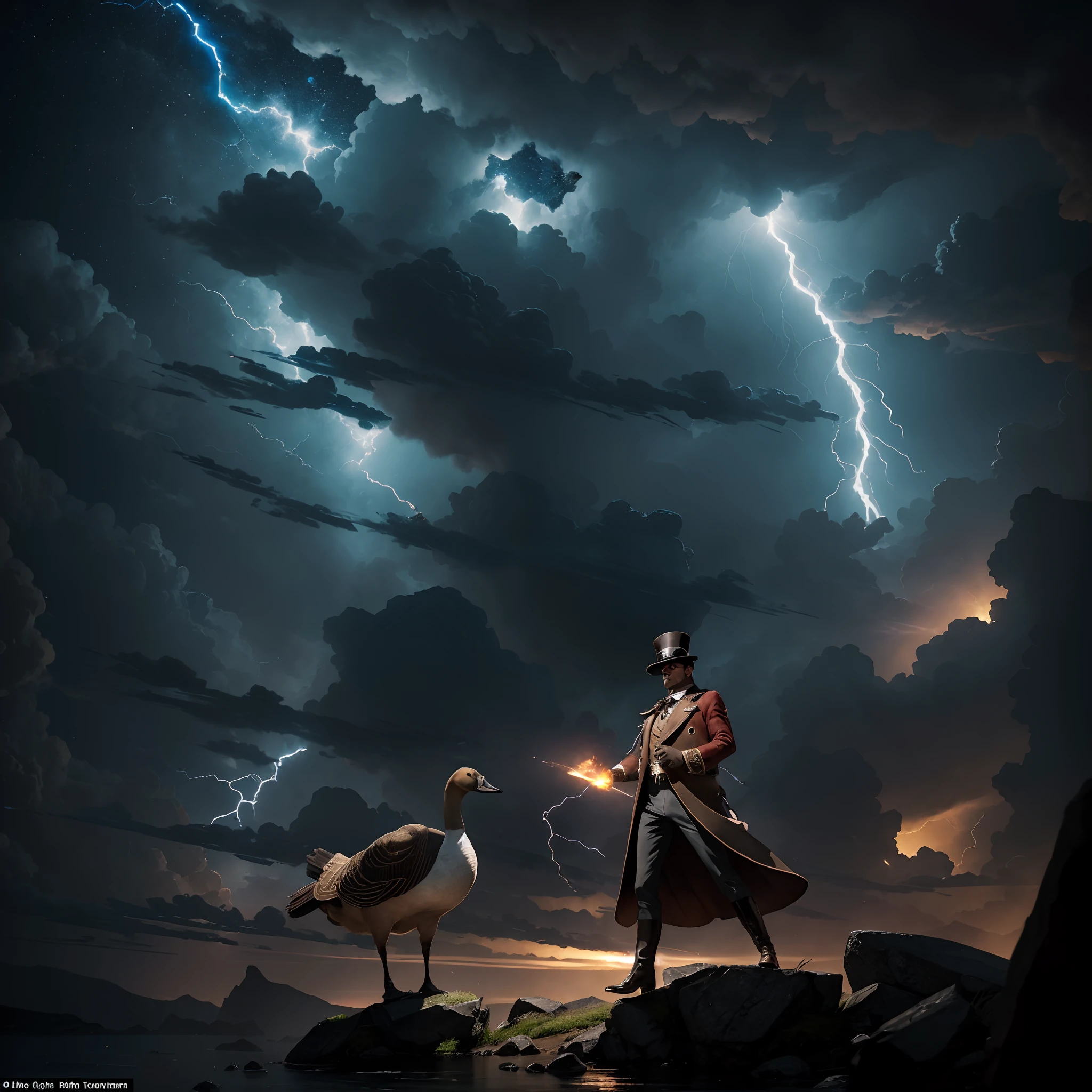 A breathtaking artistic depiction of an epic action scene featuring a canadian goose, wearing an tophat and monocle, is illuminated by flashes of lightning that cast dramatic shadows and highlights across the scene, meteor flying