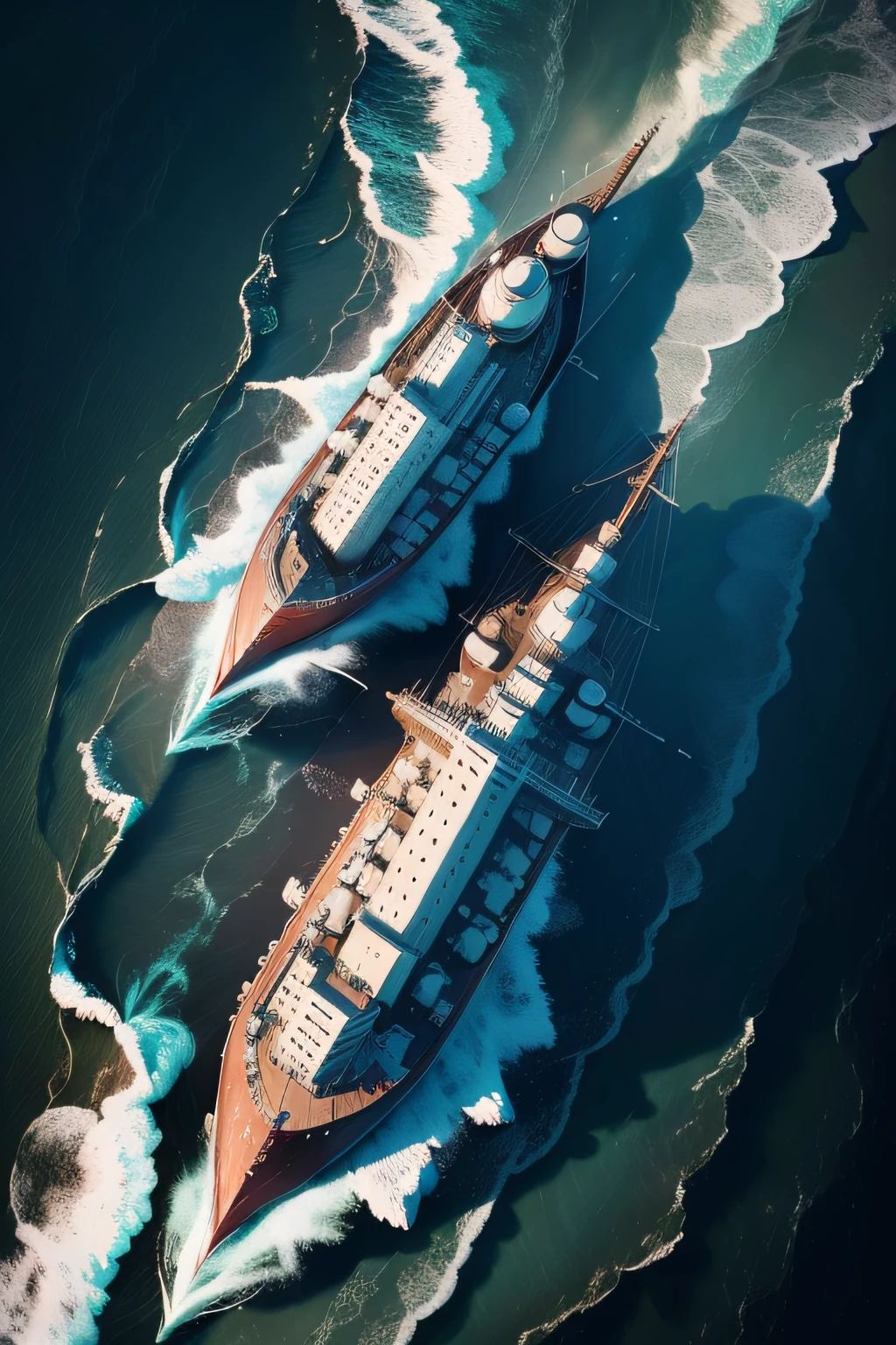 ((Melhor qualidade, 8K, master part: 1.3)), Generate an image that depicts the aerial view of the SS Californian anchored in the ocean, just 19 miles away from the endangered Titanic. Illustrate the closeness between the two ships on that fateful night.