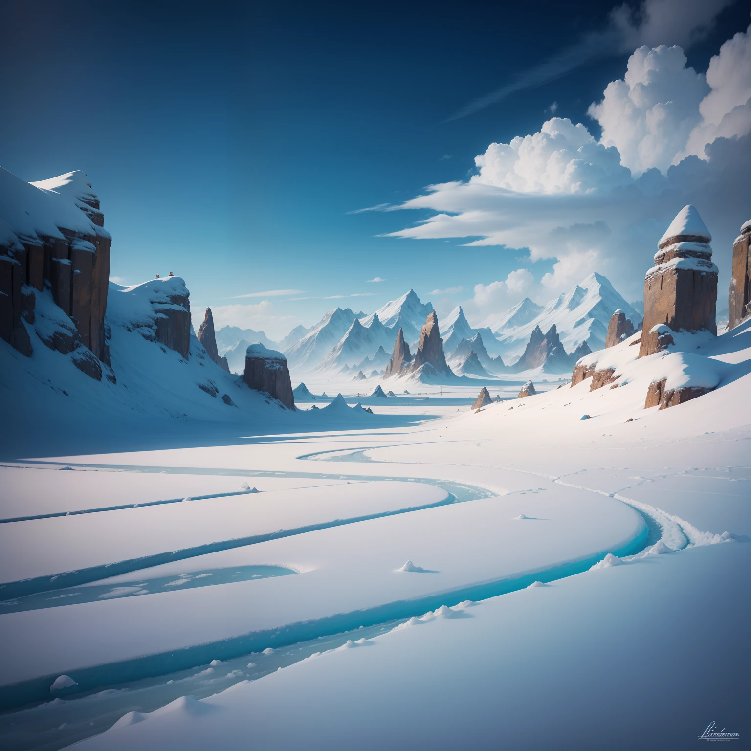 estilo rpg, pintura alta qualidade, pintura de paisagem, Extremo Polo Norte, terras congelados, inhospitable scenery, ventos frios e congelantes, Vast frozen areas, florestas com neve.