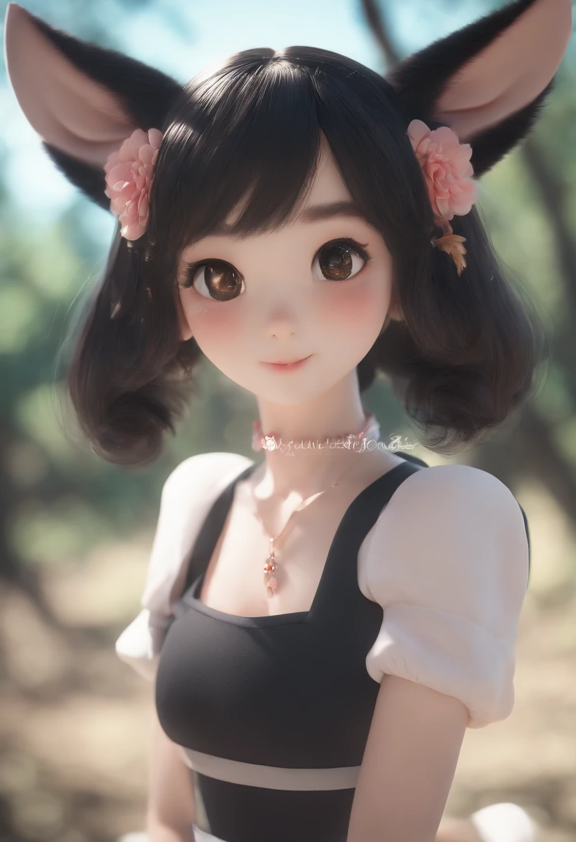 black hair, hair bobbles, wince, longeyelashes, solid circle eyes, fake animal ears, light smile, ear blush, fang, Surrealism, drop shadow, anaglyph, stereogram, tachi-e, pov, atmospheric perspective, 8k, super detail, ccurate, best quality