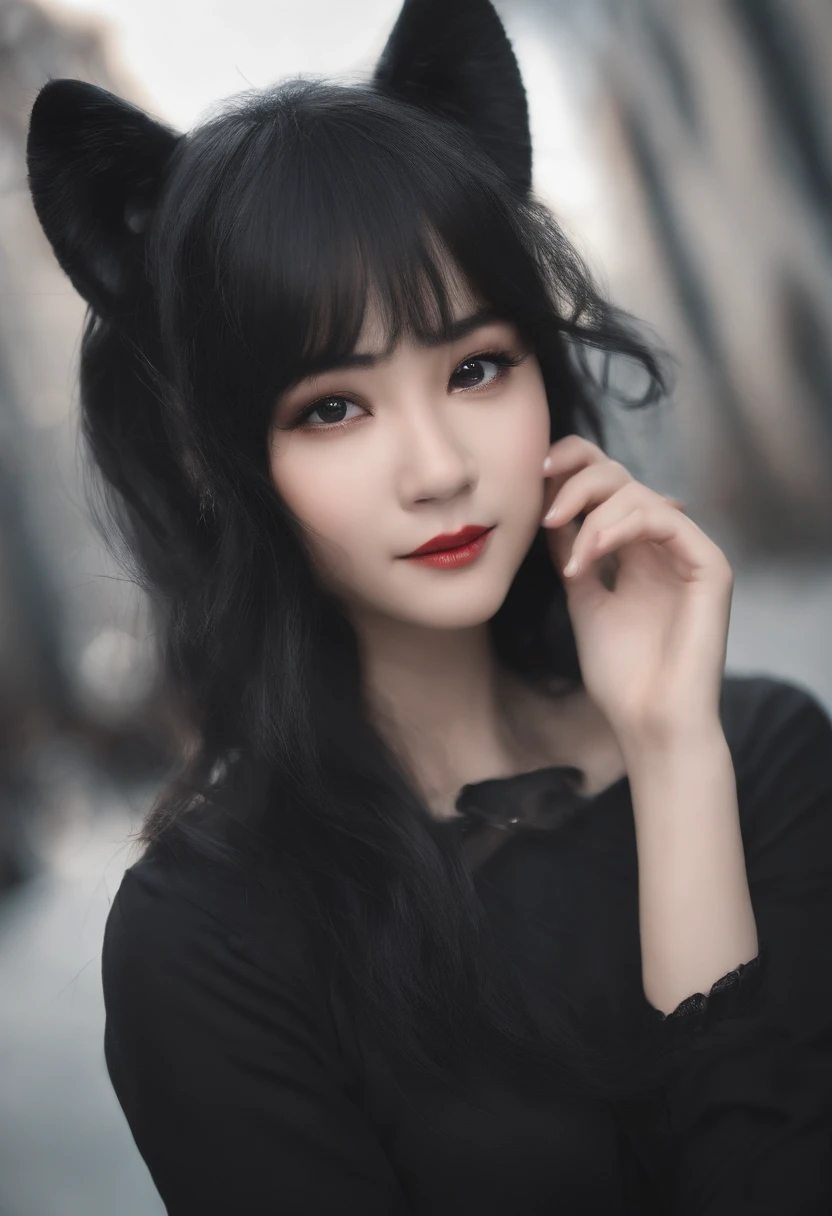 black hair, hair bobbles, wince, longeyelashes, solid circle eyes, fake animal ears, light smile, ear blush, fang, Surrealism, drop shadow, anaglyph, stereogram, tachi-e, pov, atmospheric perspective, 8k, super detail, ccurate, best quality
