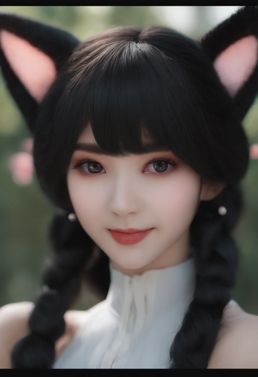 black hair, hair bobbles, wince, longeyelashes, solid circle eyes, fake animal ears, light smile, ear blush, fang, Surrealism, drop shadow, anaglyph, stereogram, tachi-e, pov, atmospheric perspective, 8k, super detail, ccurate, best quality