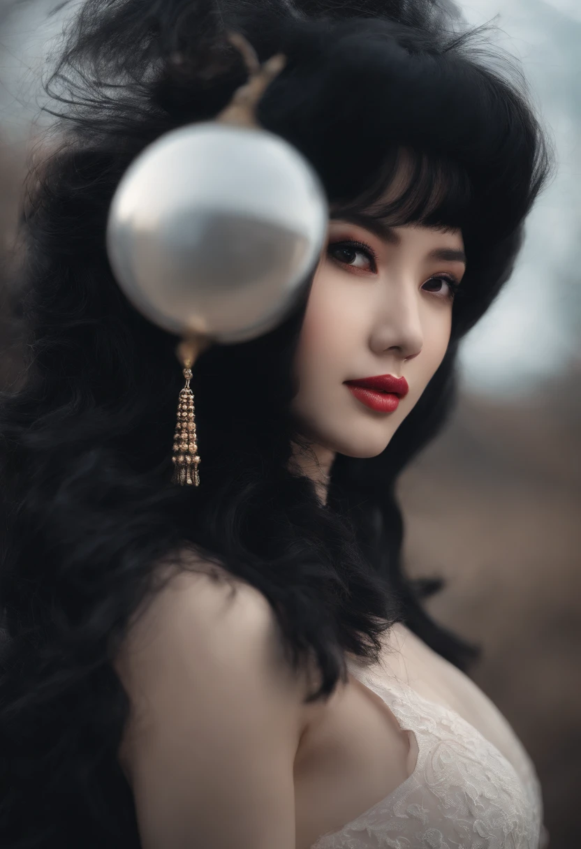 black hair, hair bobbles, wince, longeyelashes, solid circle eyes, fake animal ears, light smile, ear blush, fang, Surrealism, drop shadow, anaglyph, stereogram, tachi-e, pov, atmospheric perspective, 8k, super detail, ccurate, best quality