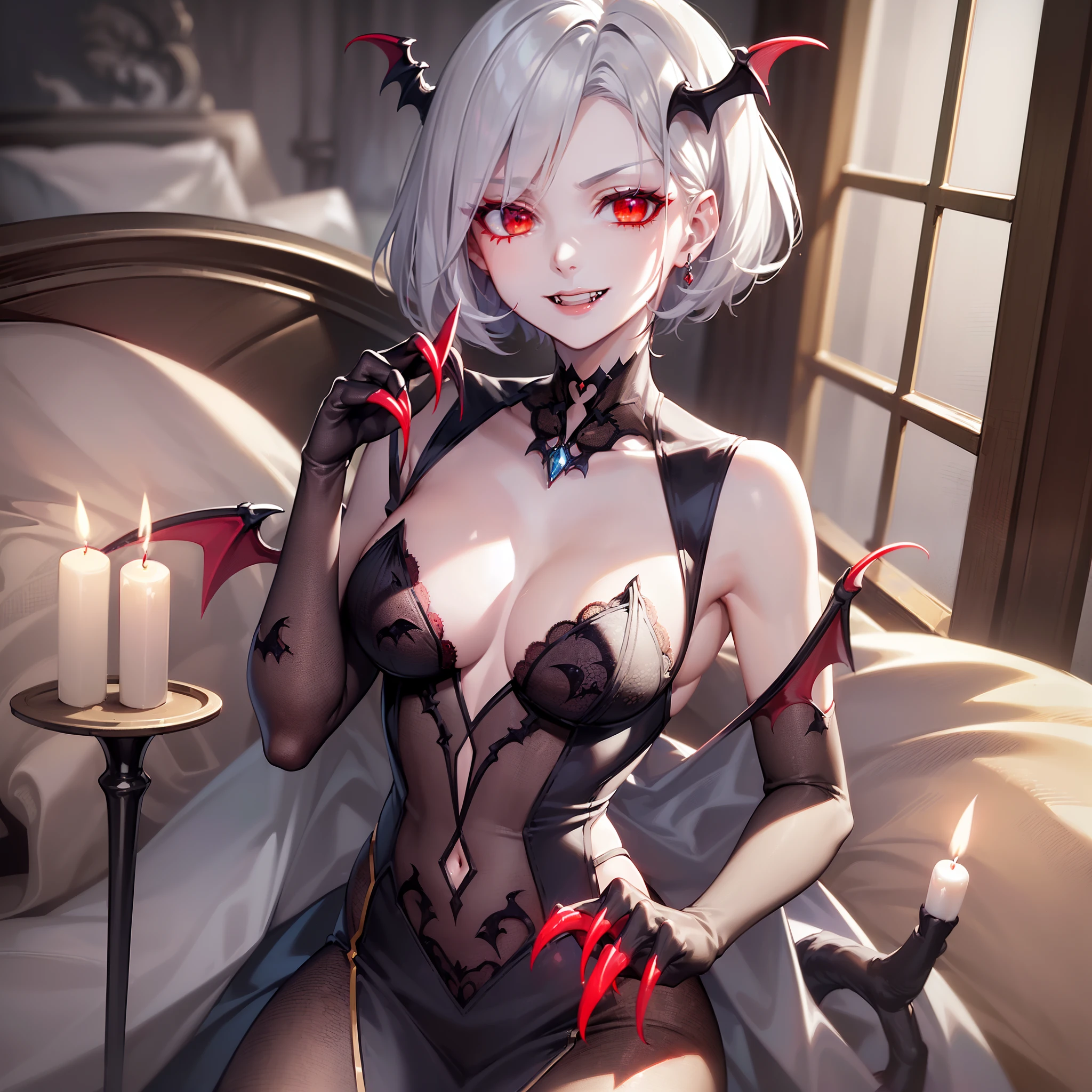 ((masuter piece:1.5)),((Finest quality)),(super precision),32k images,Top quality anime,Highest level of resolution,Fantasyart,eroticism,((perfect anatomia:1.5)),(Perfect depiction, Unbroken body:1.5),sharpnes:1.3,Clair:1.1,Detailed down to the smallest detail,Phenomenal depiction,((1 Female Vampire:1.4),((pale silver hair,bob cuts:1.1)),Slim and well-proportioned body,(Beautiful and neat face),((Beautiful shiny crimson eyes),pretty skin,((Evil smile:1.4)),(Glossy red manicure:1.5,sharply pointed claws:1.5),(Luxurious and beautiful dresses with detailed details:1.6,Beautiful lace with detailed and detailed details,Studded Gemstones,)jewely:1.5,Decadent,Corrupt worldview,dark:1.5,Candlelight:1.1