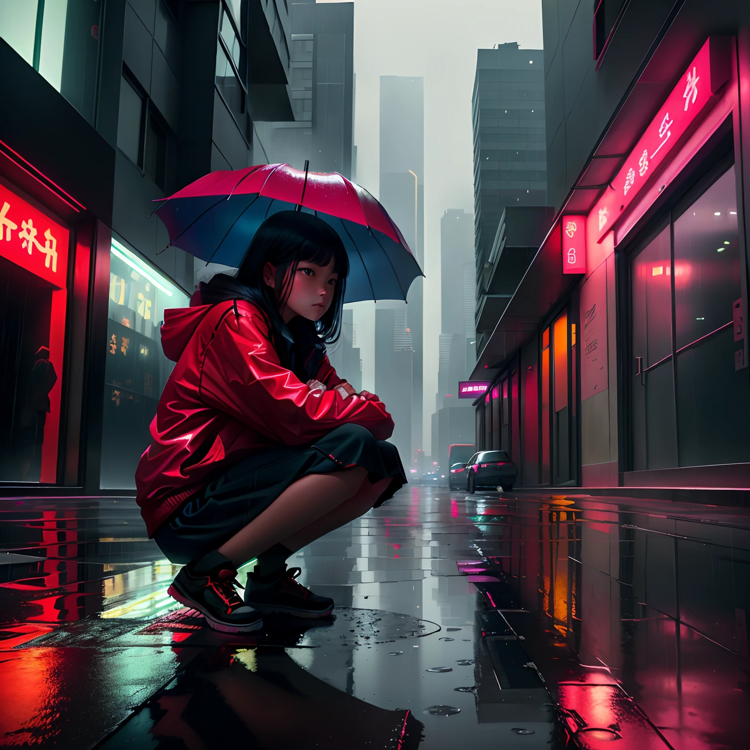 raining day，A young girl squatted with a red umbrella and stared at the puddle on the ground in a daze，The neon city of high-rise buildings is reflected in the waterhole