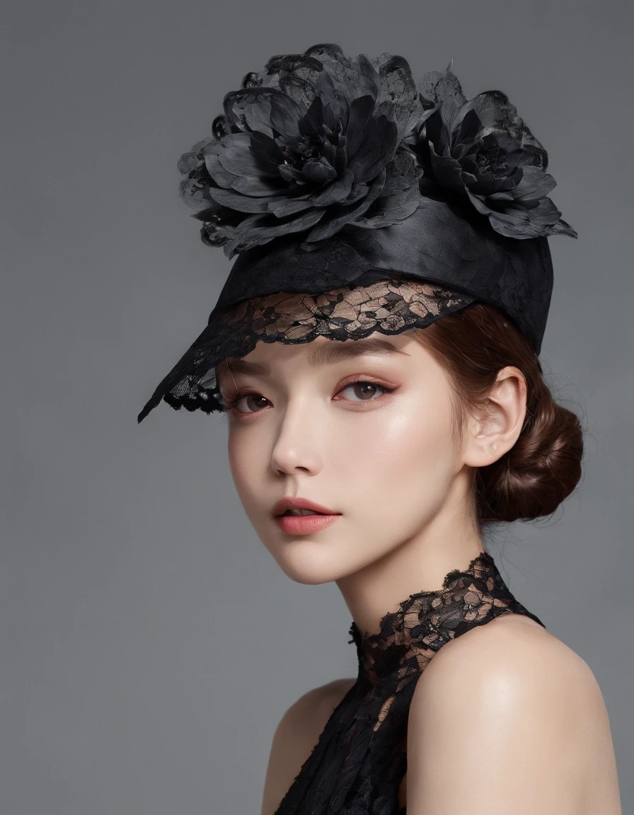 Pretty and very elegant girl wearing a talk cap decorated with big black lace flowers. Her entire face is covered with lace. She wears a loose-fitting black lace cocktail dress that hangs over her shoulders. Her skin is very shiny.
Her arms are folded、The fingertips of one hand touch her chin. The background is beautiful black. The room is dimly lit.、She is gently illuminated.
Very shallow depth of field、the background is blurred.