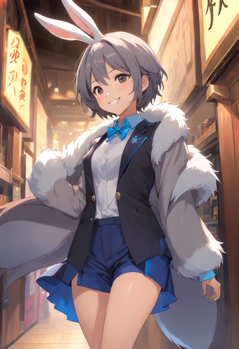独奏, Standing, ((Bunny, hare, Hair, snout)), Author: spuydjeks, (((grey fur))), Slim, Skinny, small waist, Fur pattern, Anime character, high detail, Detailed art style, (canny smile:1.4), quiff, Closing Your Eyes, little chest, tailcoat, Short shorts, full length, the perfect body, Colors: black & Blue, (1 boy:1.2),  The body is like a girl's, Long, Tight-fitting boots, magician, in a cylindrical hat, Long-sleeved top, dnd, black butterfly, Carset, leg braces, hairsh, Falling on your face, Send a pose