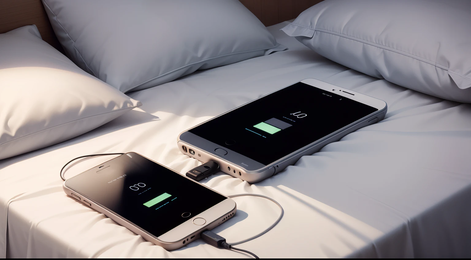 cell phones charging covered by sheet on bed