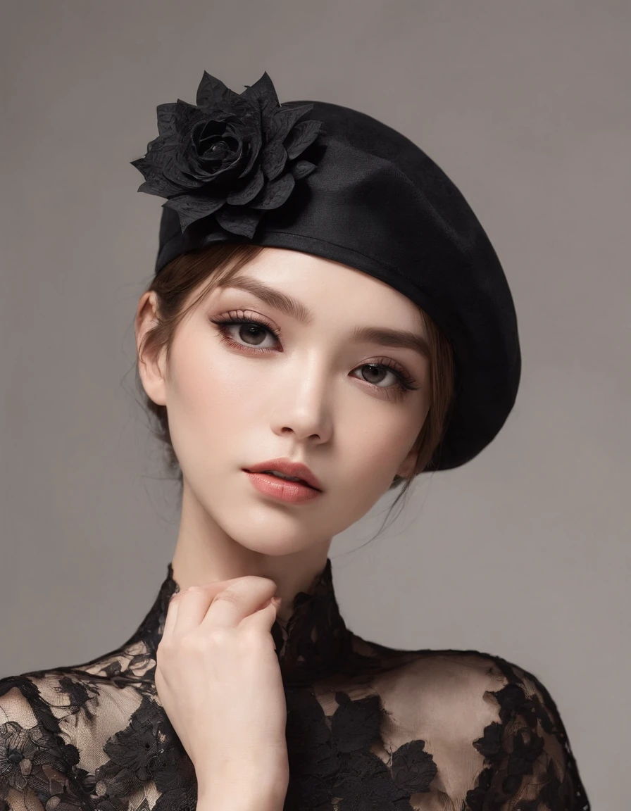 Pretty and very elegant girl wearing a talk cap decorated with big black lace flowers. Her entire face is covered with lace. She wears a loose-fitting black lace cocktail dress that hangs over her shoulders. Her skin is very shiny.
Her arms are folded、The fingertips of one hand touch her chin. The background is beautiful black. The room is dimly lit.、She is gently illuminated.
Very shallow depth of field、the background is blurred.