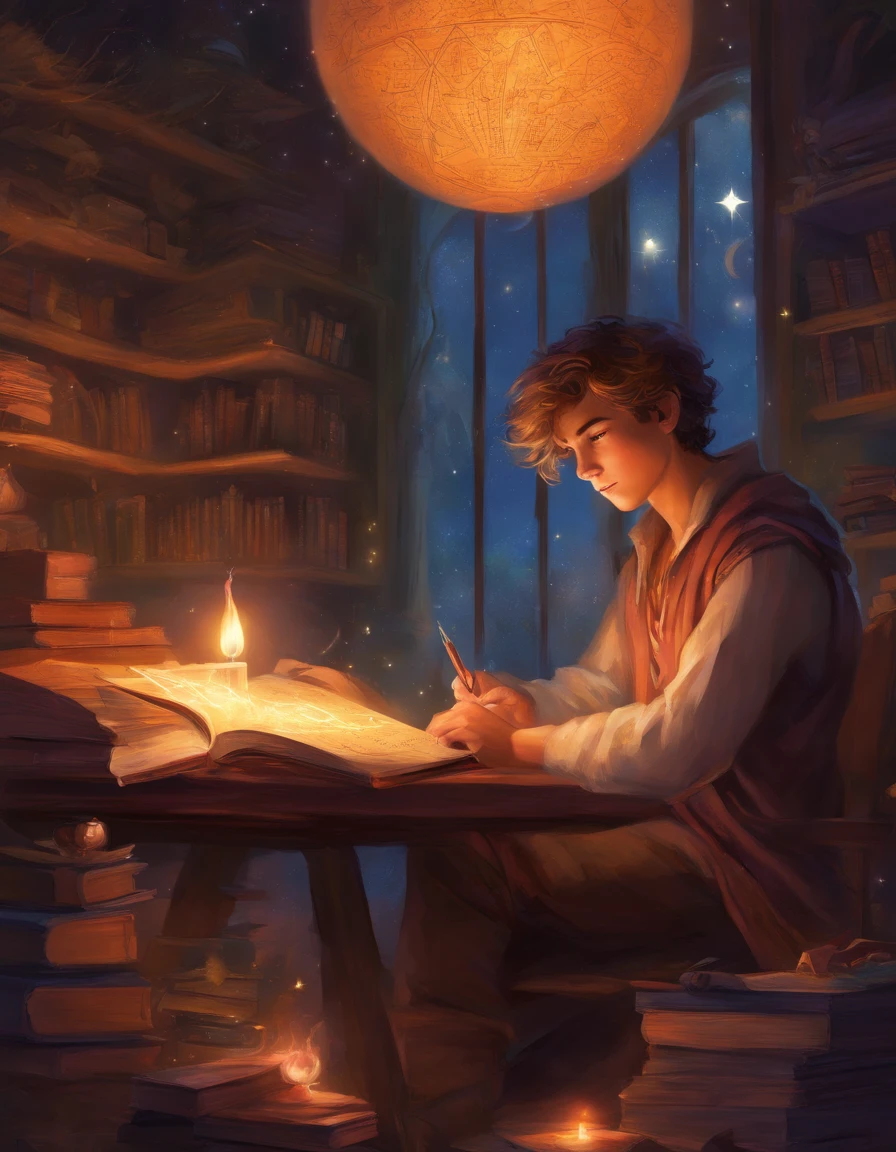TEENAGER IN HIS DIMLY LIT ROOM STUDYING MATH BY CANDLELIGHT DREAMING OF A BRIGHT FUTURE