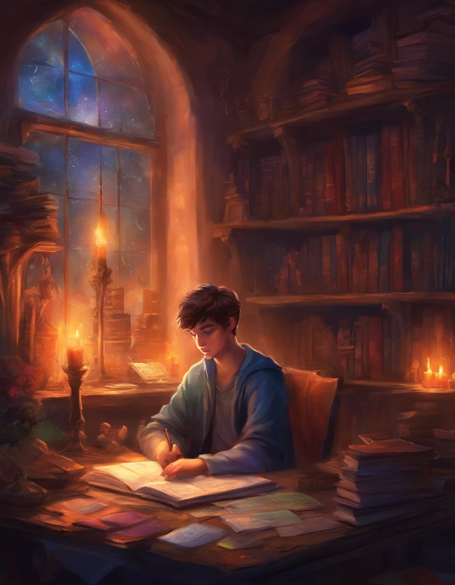 TEENAGER IN HIS DIMLY LIT ROOM STUDYING MATH BY CANDLELIGHT DREAMING OF A BRIGHT FUTURE