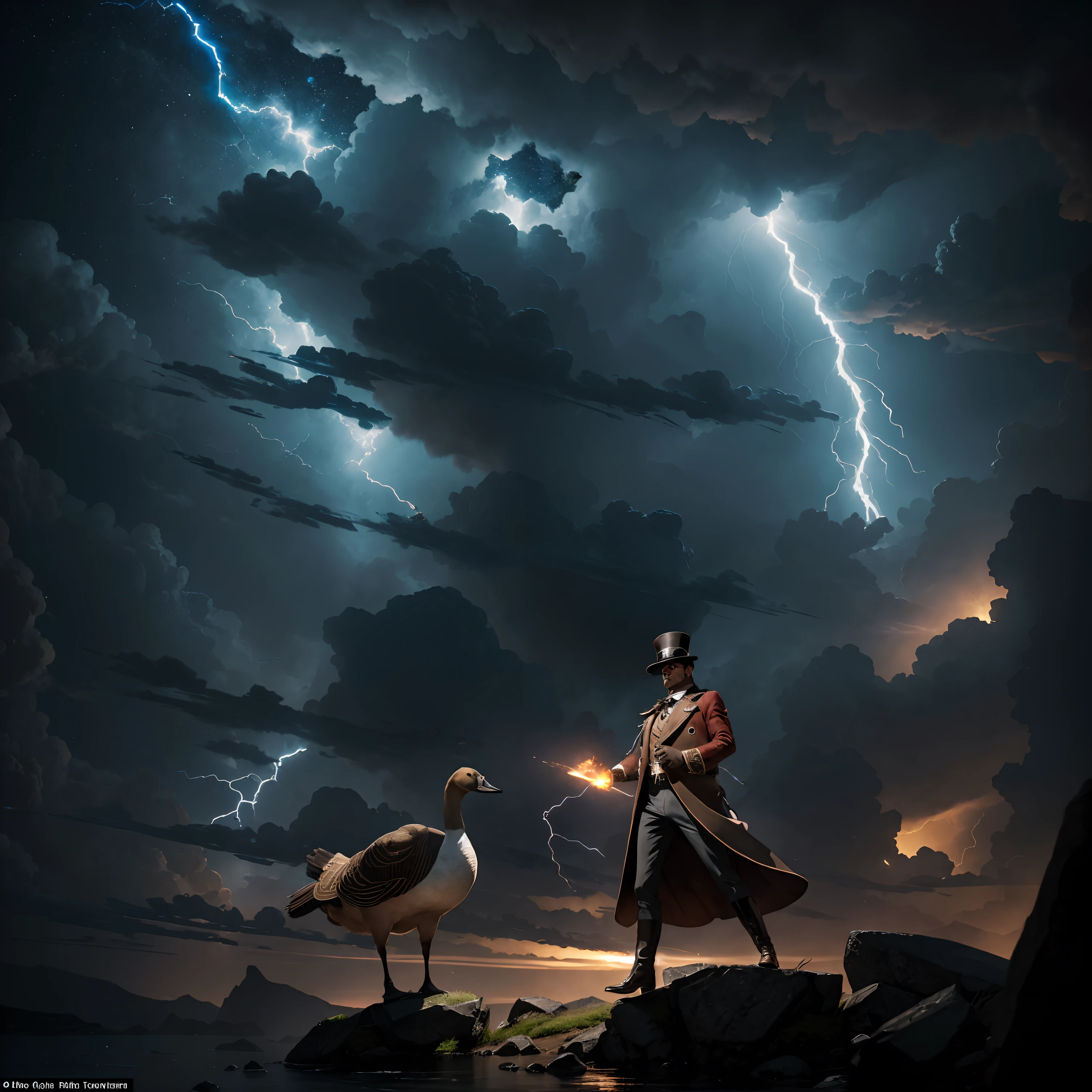 A breathtaking artistic depiction of an epic action scene featuring a canadian goose, wearing an tophat and monocle, is illuminated by flashes of lightning that cast dramatic shadows and highlights across the scene, meteor flying