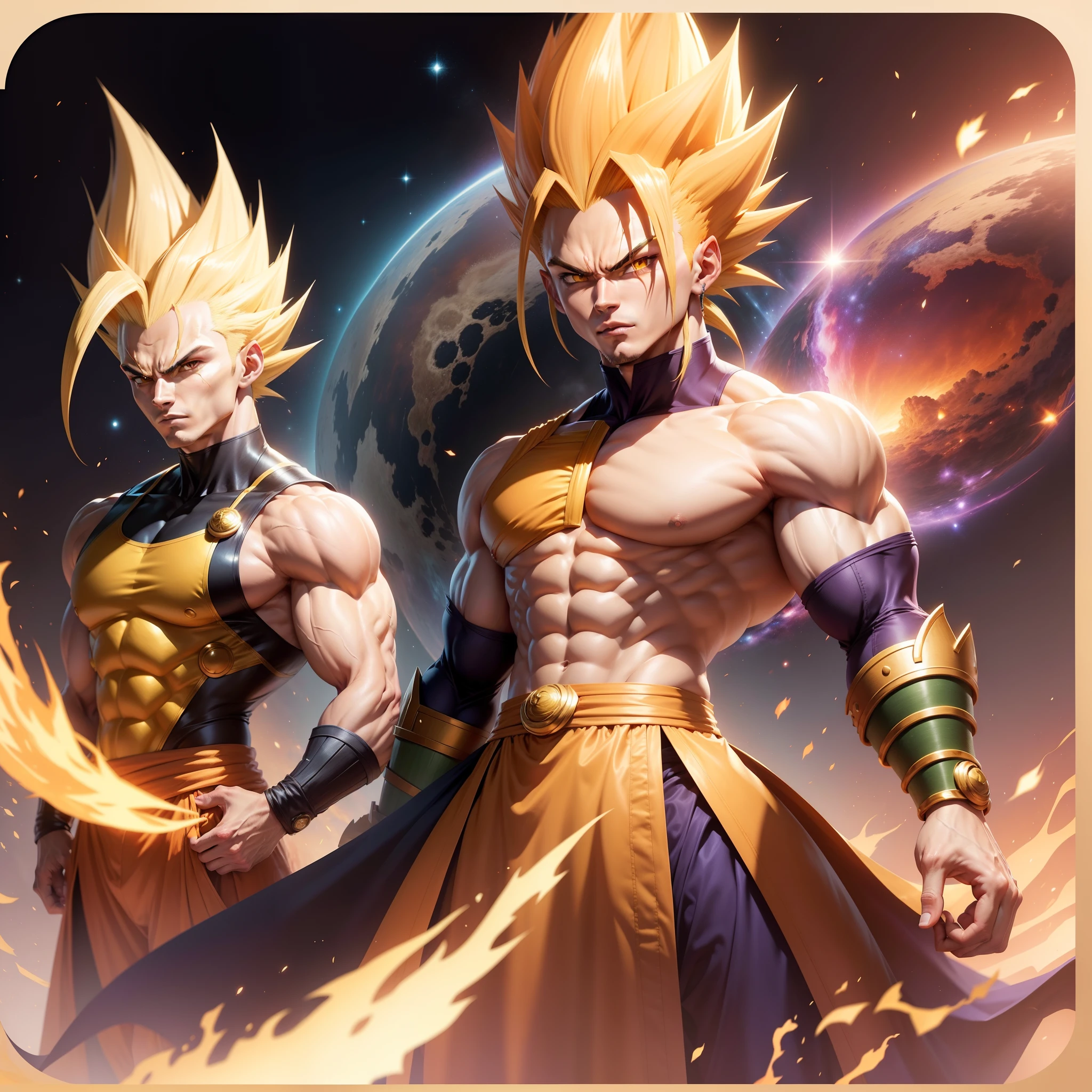 Man Gotenks fusion Super Saiyan, cabelos amarelos,Olhando para o Viewer, card background, galaxy, vestindo uma roupa laranja de artes marciais