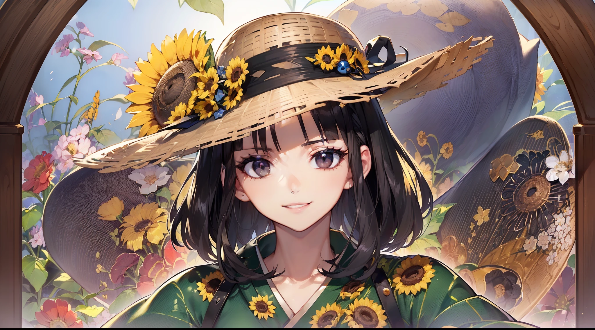 ((masuter piece:1.5)),((Finest quality)),(super precision),8k picture,Top quality anime,Highest level of resolution,sharpnes,clear,((perfect anatomia:1.5)),(Perfect depiction, Unbroken body:1.5),Detailed down to the smallest detail,Phenomenal depiction,((1 Japan Woman:1.4),((A dark-haired,bob cuts:1.1)),Slim and well-proportioned body,(Beautiful and neat face),((Beautiful shiny black eyes),pretty skin,(A smile staring at us)),(One piece with detailed details:1.6,Beautiful pattern with detailed and detailed details,),Sunflower field,a straw fedora hat