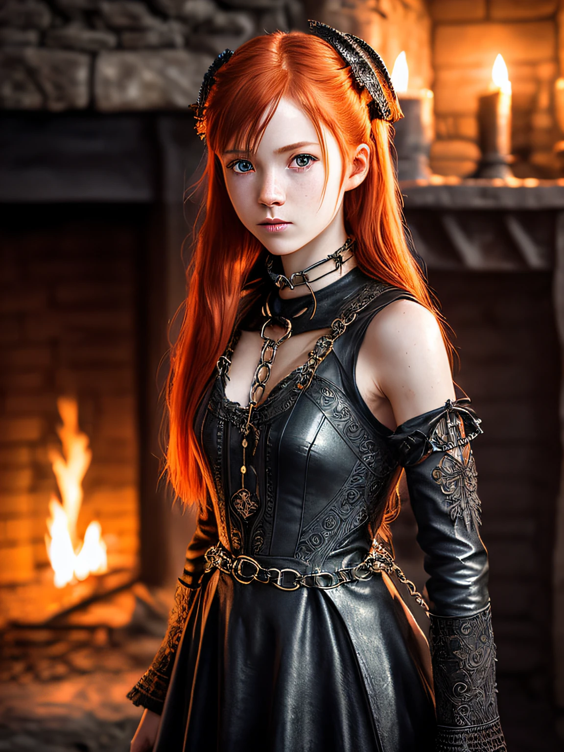 photorealistic, a finnish redhead girl, oily skin, (chained dress:1.2), yong witch, germione, perfect ass, (dark shot:1.2), twintails, (intricate details:1.12), (intricate details, hyperdetailed:1.15), hdr, dungeon, (at night:1.2), fireplace, warm light, dramatic light, cinematic, (closeup:1.2), hdr, raw photo, masterpiece, sharp focus, natural skin texture