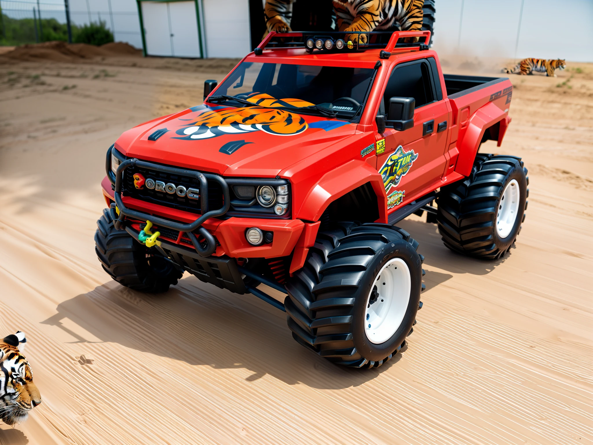 A closeup of a toy truck with a tiger in front, Fora de estrada, monster truck, plastic toy, cabrito, design do brinquedo, Monster Truck Rally, Truck, por Romain brook, headpe, Fora de estrada, trophy truck, 240p, Tiro frontal, R - MK, carro de corrida, carro de corrida, brinquedo altamente detalhado, foto do brinquedo