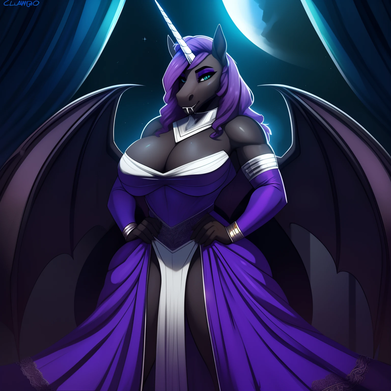 Tall_lithe_muscular_mature_unicorn female dark_purple_mane wavy_mane black_furry_body teal_eyes slit_pupils sultry_gaze come_hither_gesture majestic solo Masterpiece best_quality absurdres highly_detailed gown_with_silver_trim silver_circlet silver_gorget silver_bracers cleanly_drawn_eyes fangs bat_wings purple_eyeshadow horse_snout anthro_only dark_poorly_light_ballroom_illuminated_by_moonlight by_claweddrip, by_greasymojo, by_underscore-b, by_runawaystride
