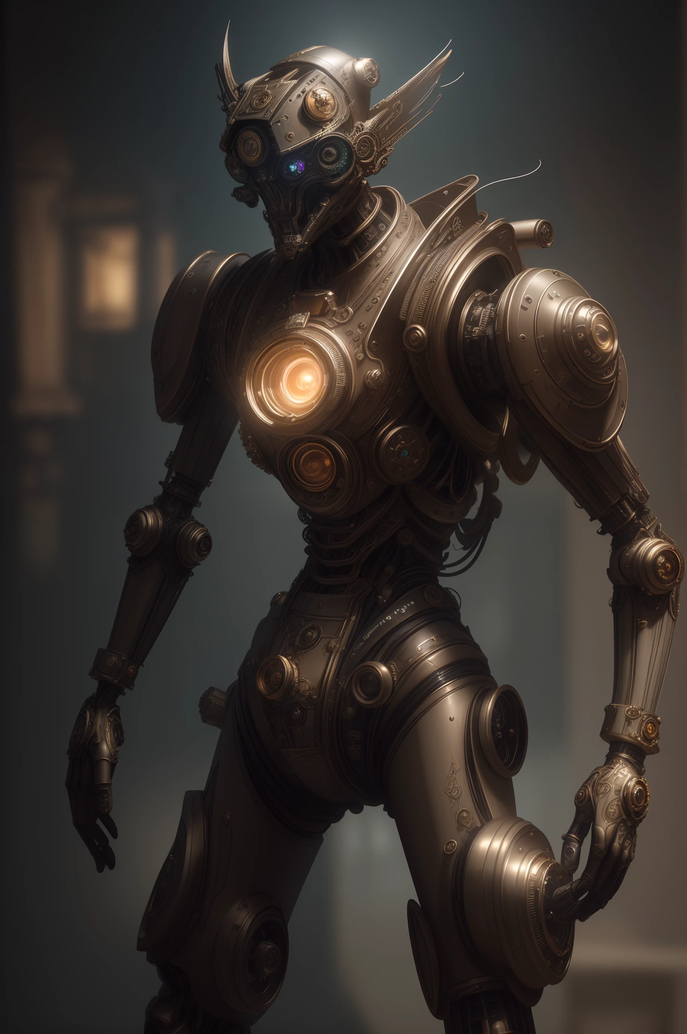 steampunk clockwork robot, rpg, hi res, 4k, 8k, 16k, ultrahd, realisitic, photon mapping, radiosity, cinematic lighting, sharp focus, best quality, volumetric lighting, volumetric light, concept art, path tracing. warm colors, (RAW photo., best quality), (realistic, Realistic: 1.3), NVIDIA RTX Ray Tracing, octan render, high-resolution, beautiful, Awesome, finely and highly detailed, masterpiece, ultra-detailed, High, (best illustration), (best shadow), intricate, sharp focus, perfect composition, fantasy, intricate, elegant, volumetric mist, 8k UHD, DSLR, high quality, (grain of film: 1.4), Fujifilm XT3, art-station, smooth and sharp focus, detailed