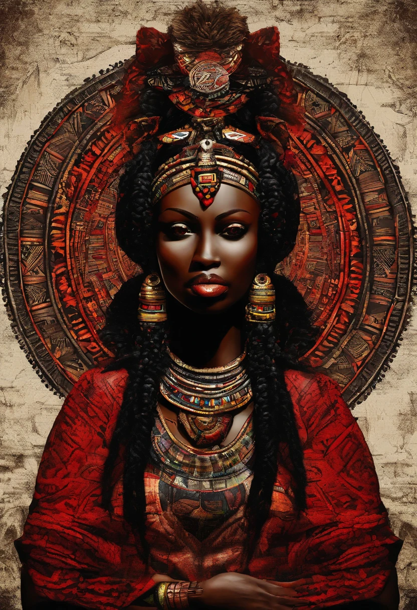 Yansa (female African goddess), stunning face, red and black clothes, storming and hard wind effects, Paul Klee style, surreal masterpiece, octane rendering, focus, colorful background, detailed, intricate details, rich colors