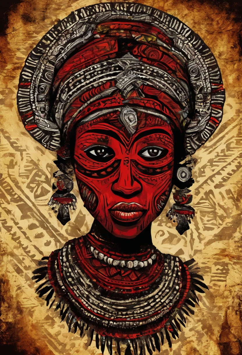 Yansa (female African goddess), stunning face, red and black clothes, storming and hard wind effects, Paul Klee style, surreal masterpiece, octane rendering, focus, colorful background, detailed, intricate details, rich colors