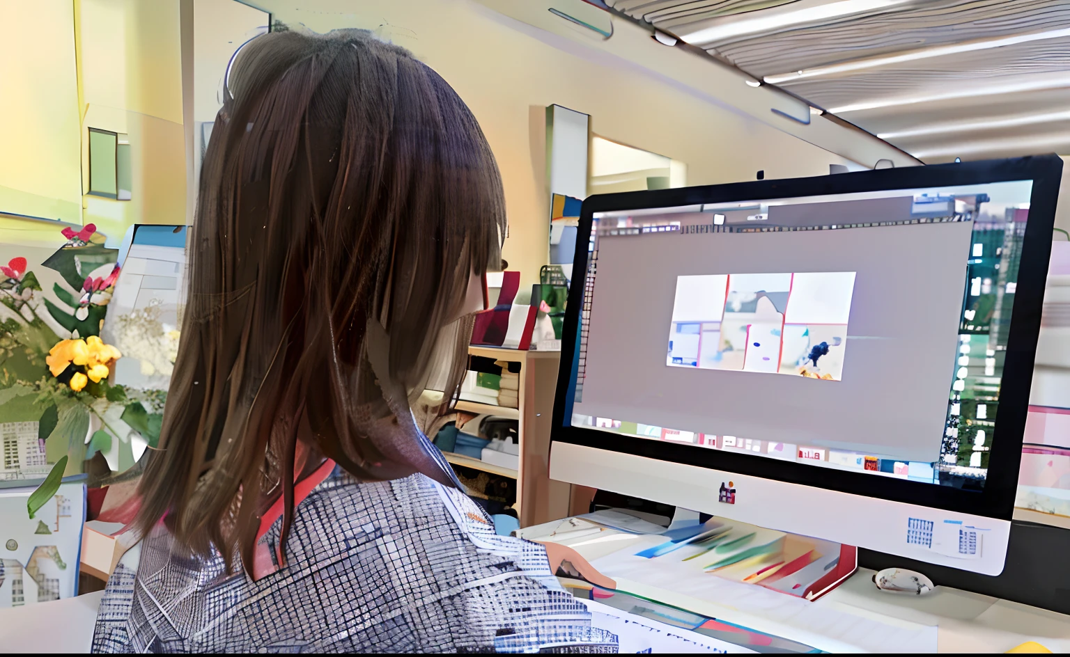 Araved woman sitting at her desk，Holding a computer and a bottle of flowers, studio glibly makoto shinkai, Numbers washes, japanese illustrator, ai assisted digital painting, Digital illustration, digital illustrations, digitial painting, ukiuo-e and studio ghilbi style, rotoscoping, Anime style mixed with Fujifilm, Digital illustration