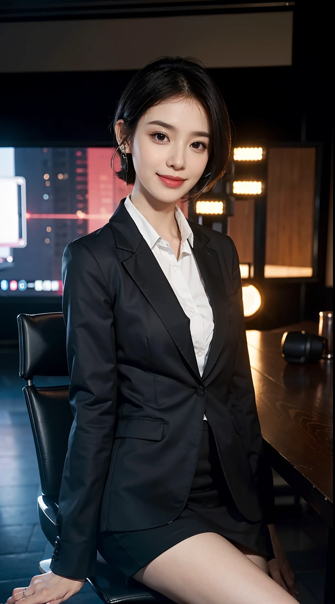 8K，masterpiece，best quality，TV programs, news programs, presenters in the host broadcast news, broadcast halls, sitting upright on the chair behind the table，The table is in front of the girl，There are instruments and equipment on site, large screen,microphone on the table，A girl，Extremely detailed facial details，shoulder length black straight short hair, Wearing earphone in one ear，smile，happy，random color blazer and skirt set,shirt，small breasts，slim, thin,Black stockings, high heels，close shot，Broadcasting in progress，Holding the manuscript in hand，cowboy shot，Directly facing the camera，front front，upper body